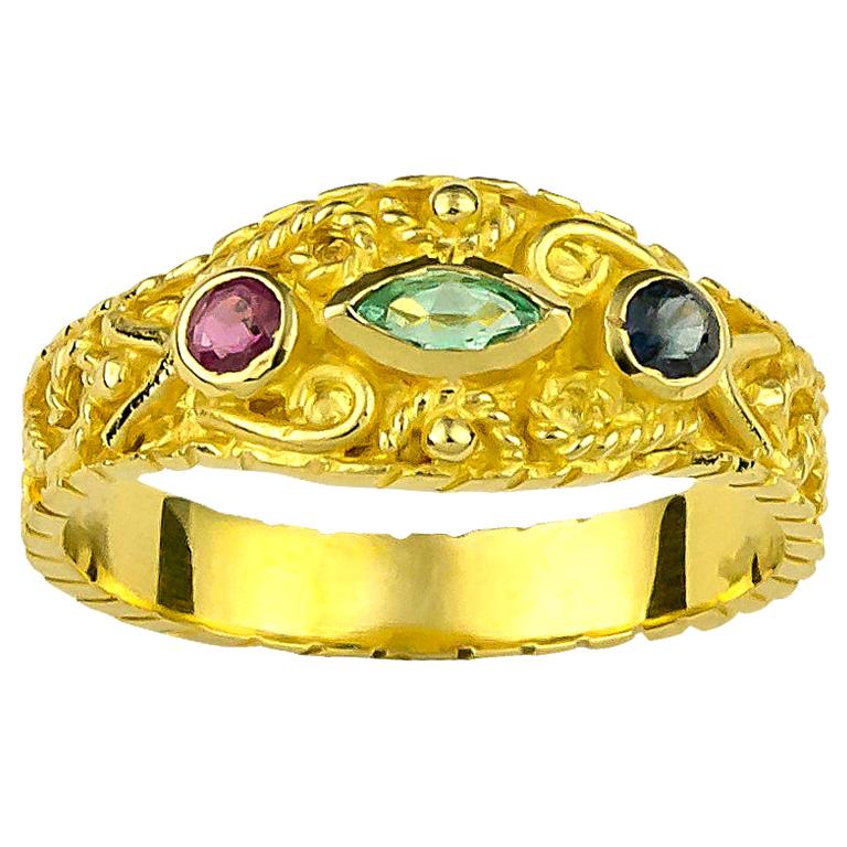 Georgios Collections 18 Karat Gelbgold Ring mit Smaragd, Rubin und Saphir
