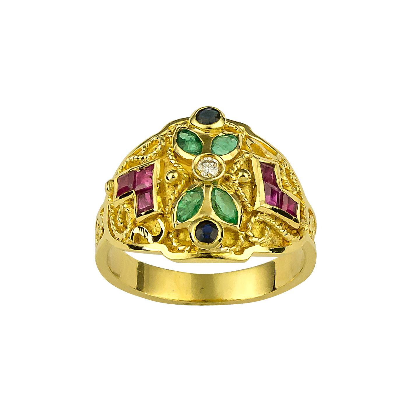 Georgios Collections 18 Karat Yellow Gold Emerald Ruby and Sapphire Diamond Ring For Sale 3
