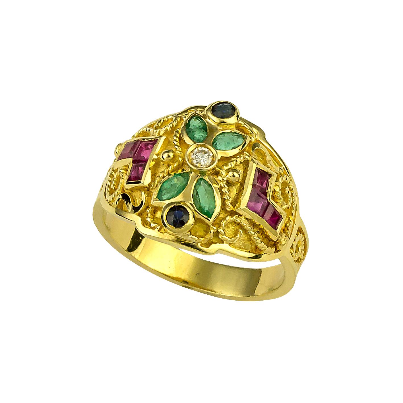 This S.Georgios design multicolor ring is 18 Karat Yellow Gold and is all hand made with Byzantine workmanship and has granulation work which is done microscopically. It features Brilliant cut Diamonds in the center total weight of 0.05 Carat, and
