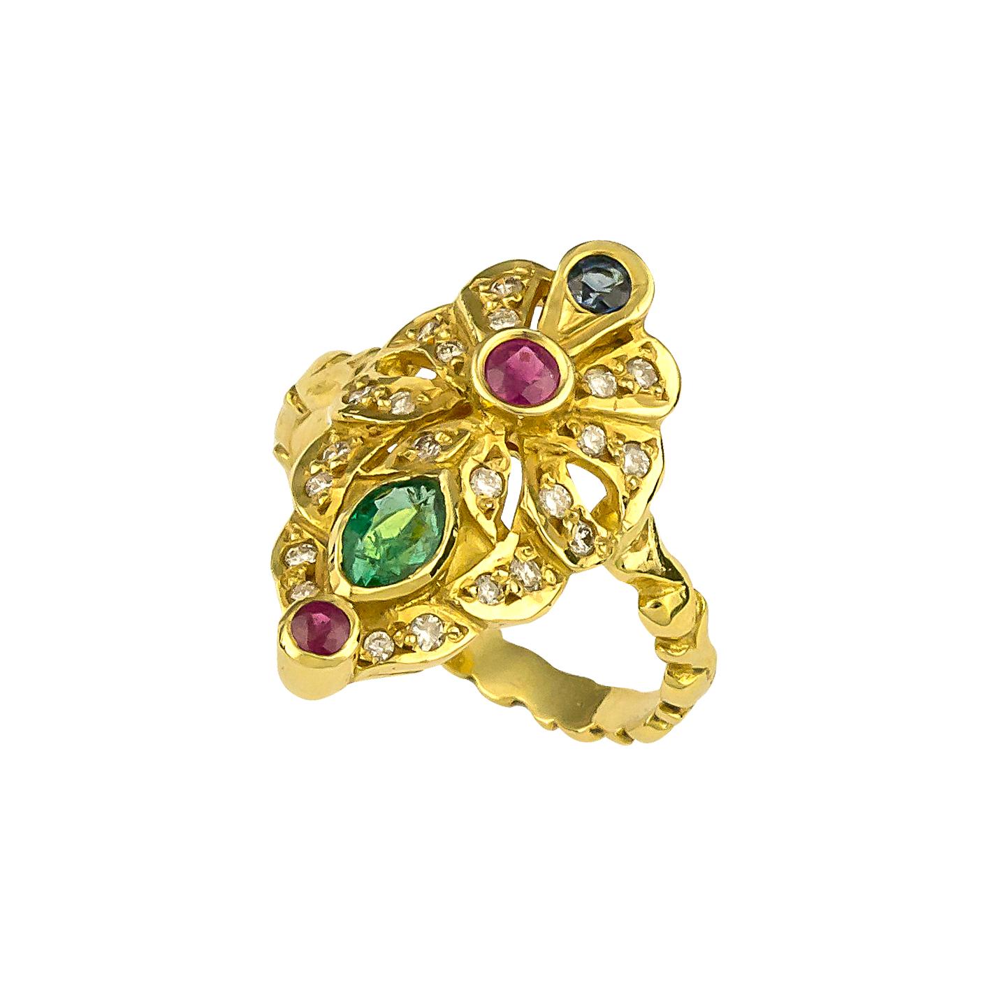 Georgios Collections Ring aus 18 Karat Gelbgold mit Smaragd, Rubin und Saphir Damen im Angebot