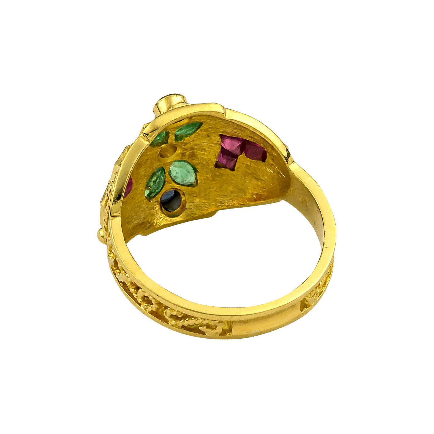 Georgios Collections 18 Karat Yellow Gold Emerald Ruby and Sapphire Diamond Ring For Sale 1