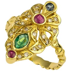 Georgios Collections 18 Karat Yellow Gold Emerald Ruby and Sapphire Diamond Ring