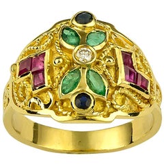 Georgios Collections 18 Karat Yellow Gold Emerald Ruby and Sapphire Diamond Ring
