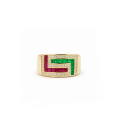 Georgios Collections 18 Karat Yellow Gold Emerald, Ruby & Diamond Greek Key Ring