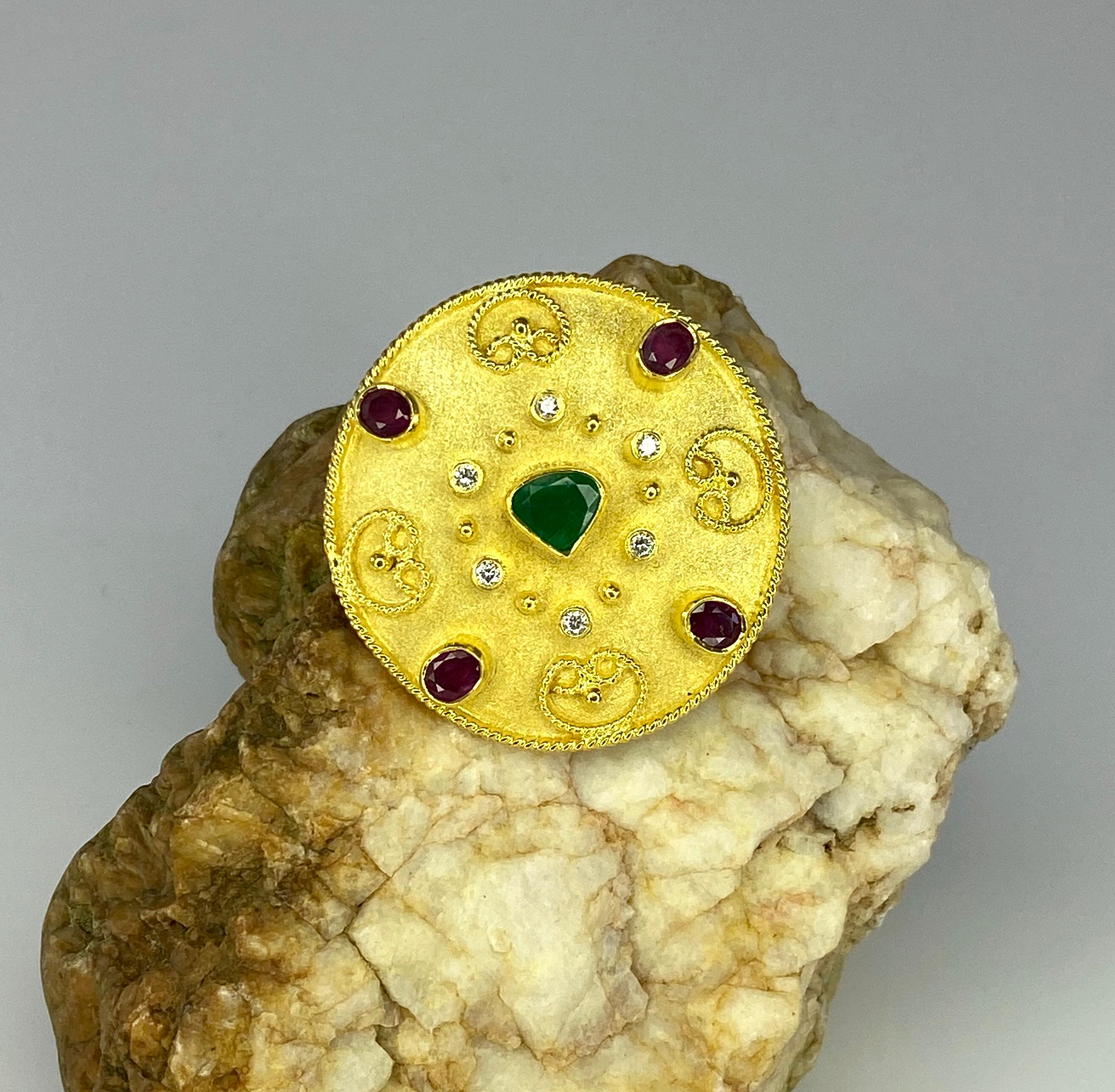 Georgios Collections 18 Karat Yellow Gold Emerald Ruby Diamond Pendant Brooch For Sale 4