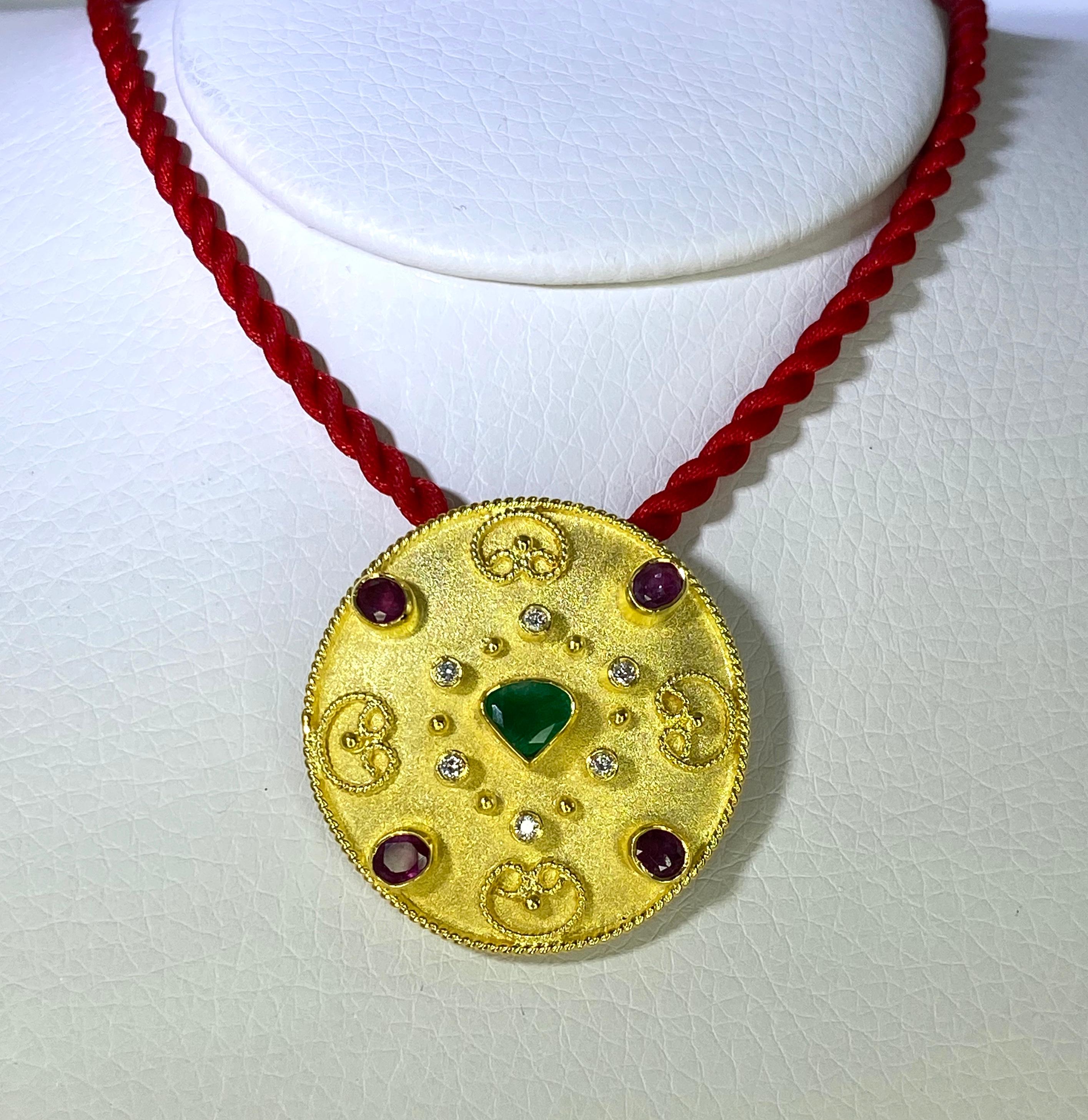 Georgios Collections 18 Karat Yellow Gold Emerald Ruby Diamond Pendant Brooch For Sale 6