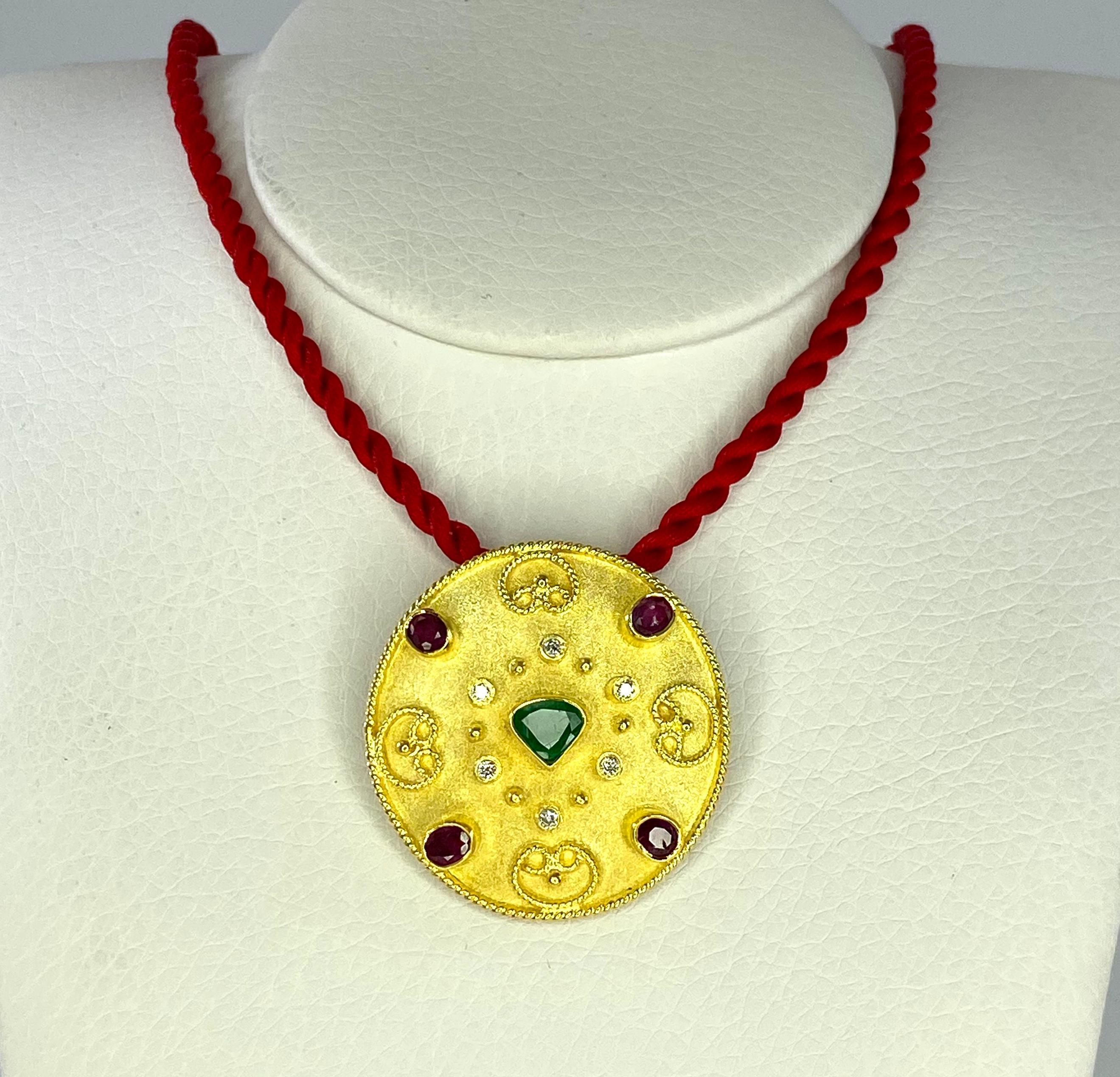 Georgios Collections 18 Karat Yellow Gold Emerald Ruby Diamond Pendant Brooch For Sale 1
