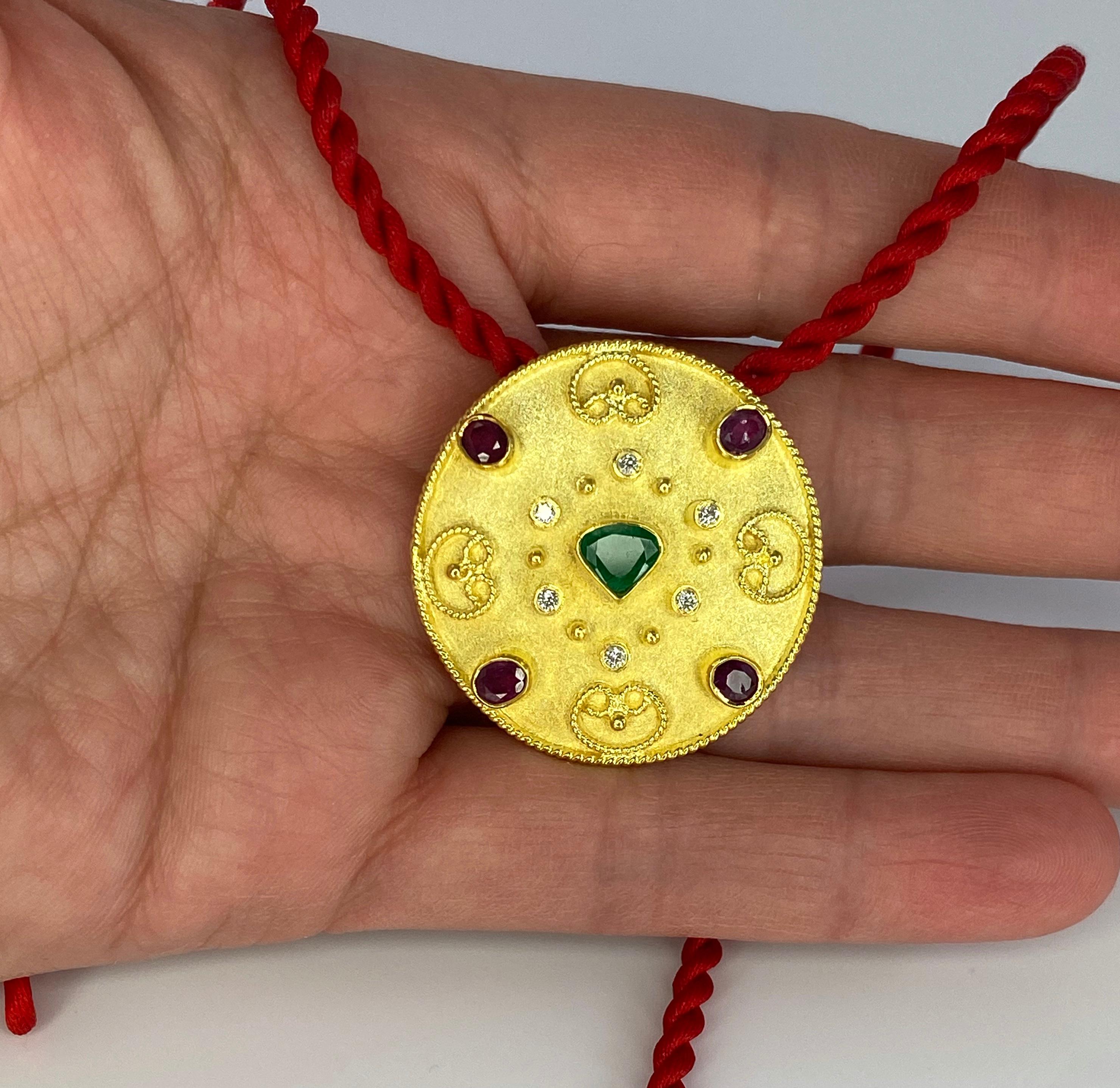 Georgios Collections 18 Karat Yellow Gold Emerald Ruby Diamond Pendant Brooch For Sale 2