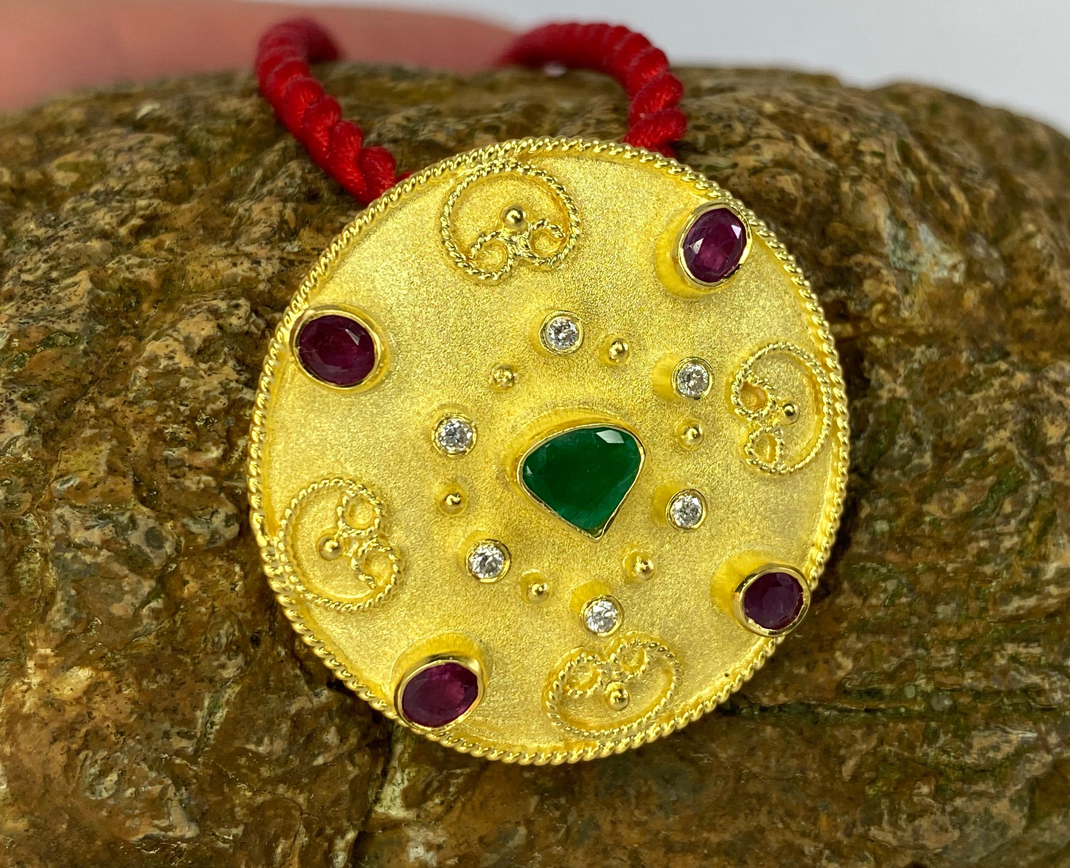 Georgios Collections 18 Karat Yellow Gold Emerald Ruby Diamond Pendant Brooch For Sale 3