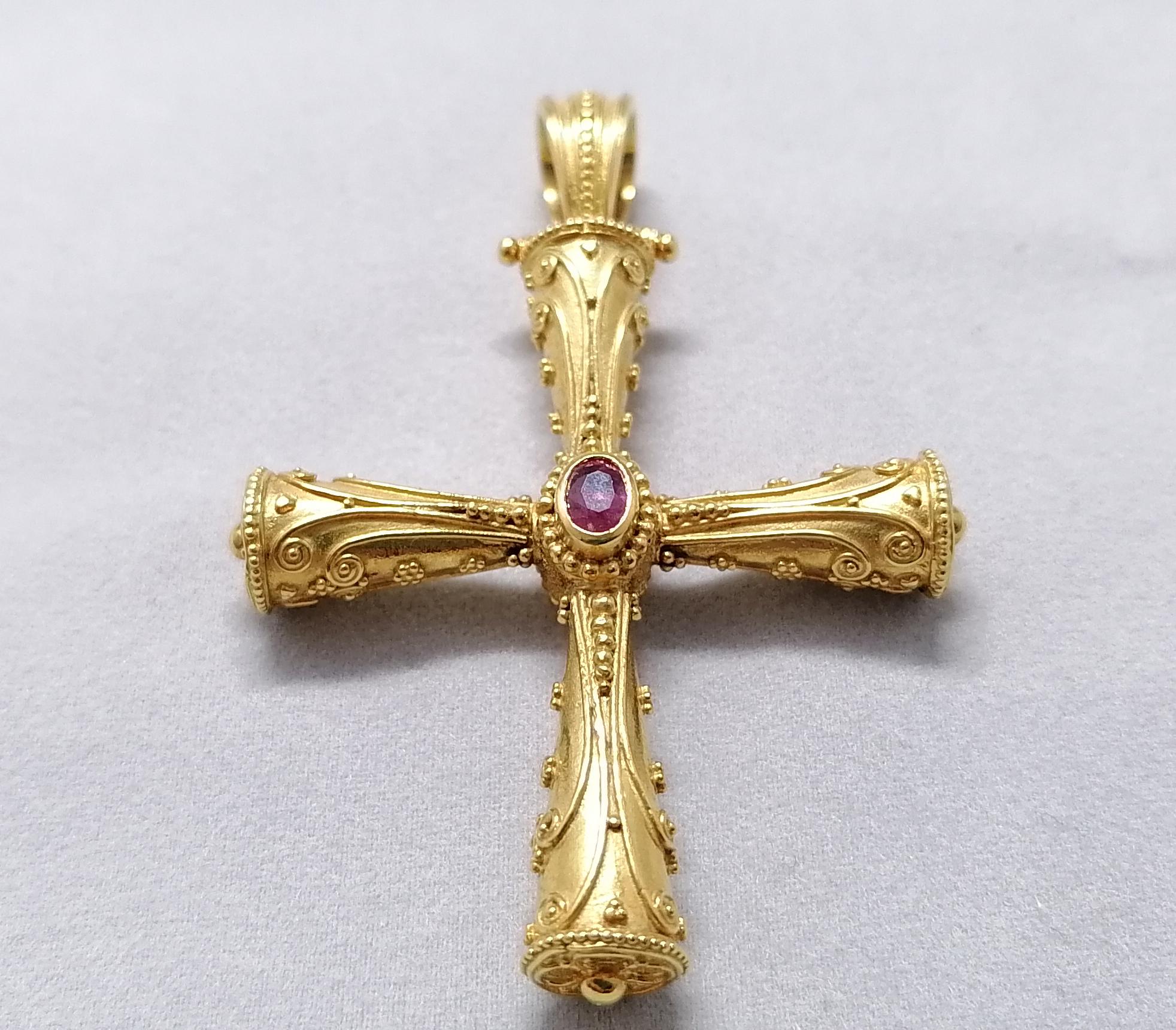Georgios Collections 18 Karat Yellow Gold Emerald Ruby Reversible 3-D Cross For Sale 4