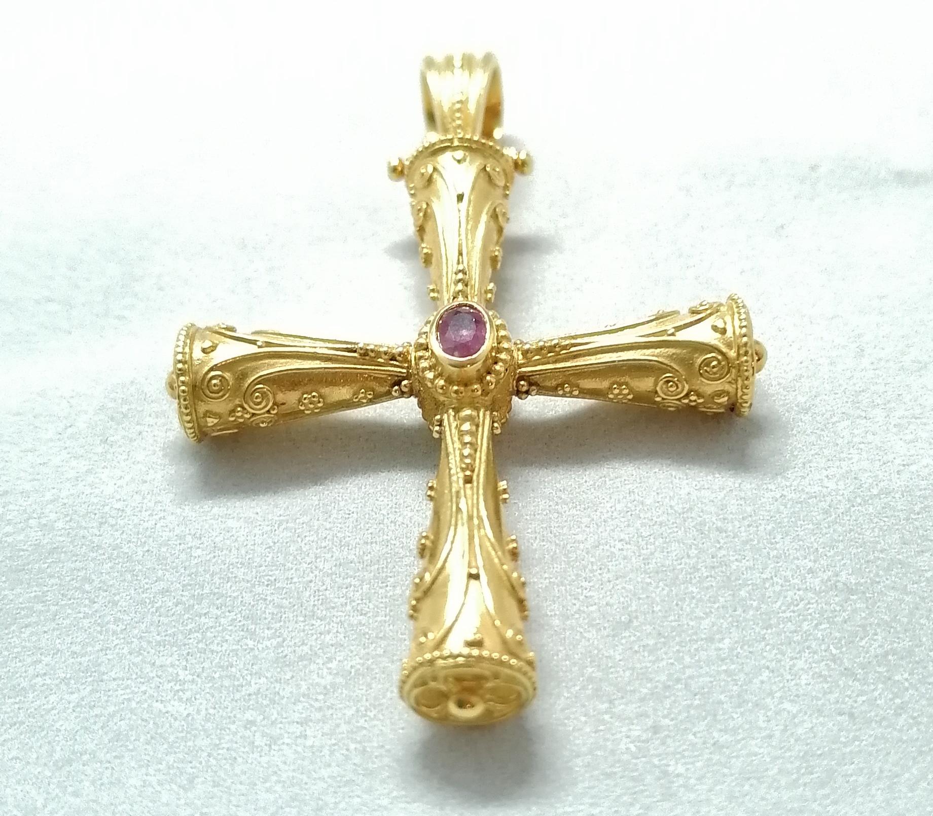 Georgios Collections 18 Karat Yellow Gold Emerald Ruby Reversible 3-D Cross For Sale 7