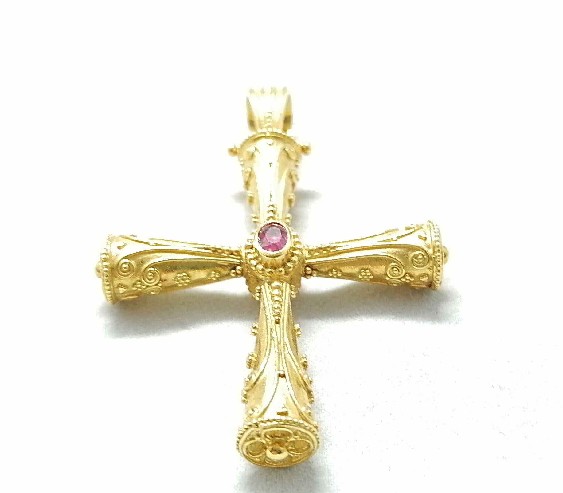 Byzantine Georgios Collections 18 Karat Yellow Gold Emerald Ruby Reversible 3-D Cross For Sale