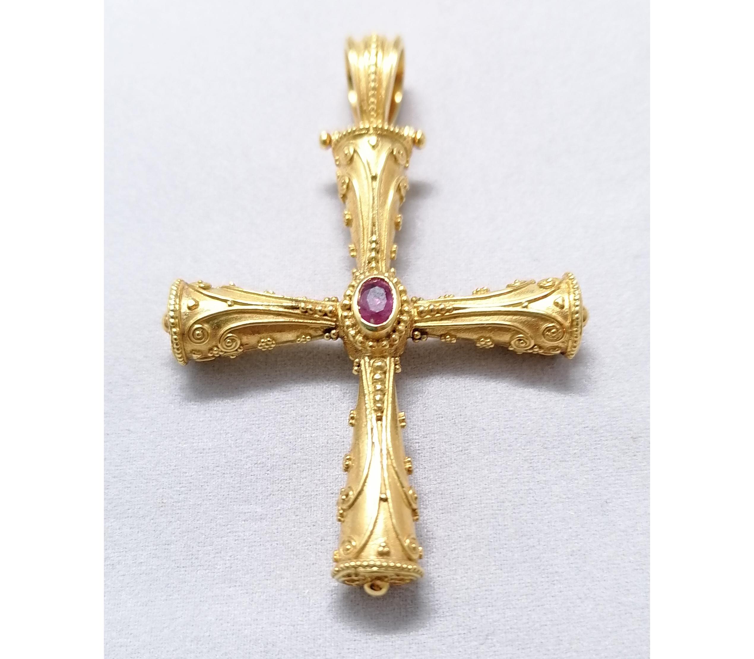 Georgios Collections 18 Karat Yellow Gold Emerald Ruby Reversible 3-D Cross In New Condition For Sale In Astoria, NY