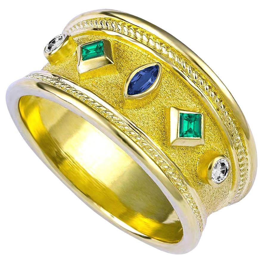 Georgios Collections 18 Karat Yellow Gold Emerald Sapphire and Diamond Band Ring