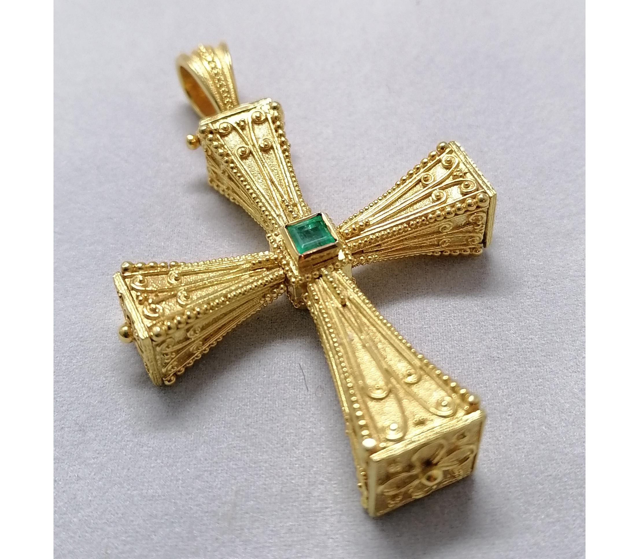 Georgios Collections 18 Karat Yellow Gold Emerald Sapphire Reversible 3-D Cross For Sale 13
