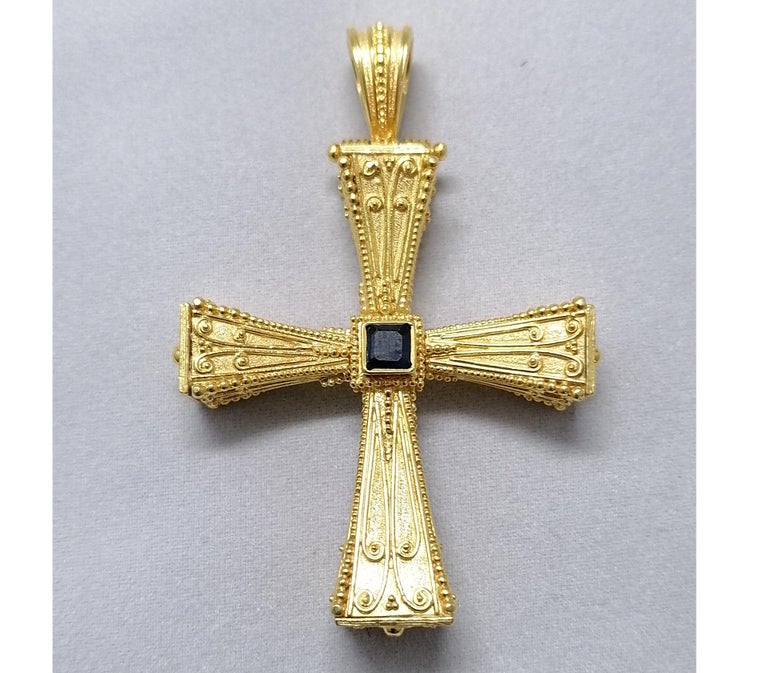 Byzantine Georgios Collections 18 Karat Yellow Gold Emerald Sapphire Reversible 3-D Cross For Sale