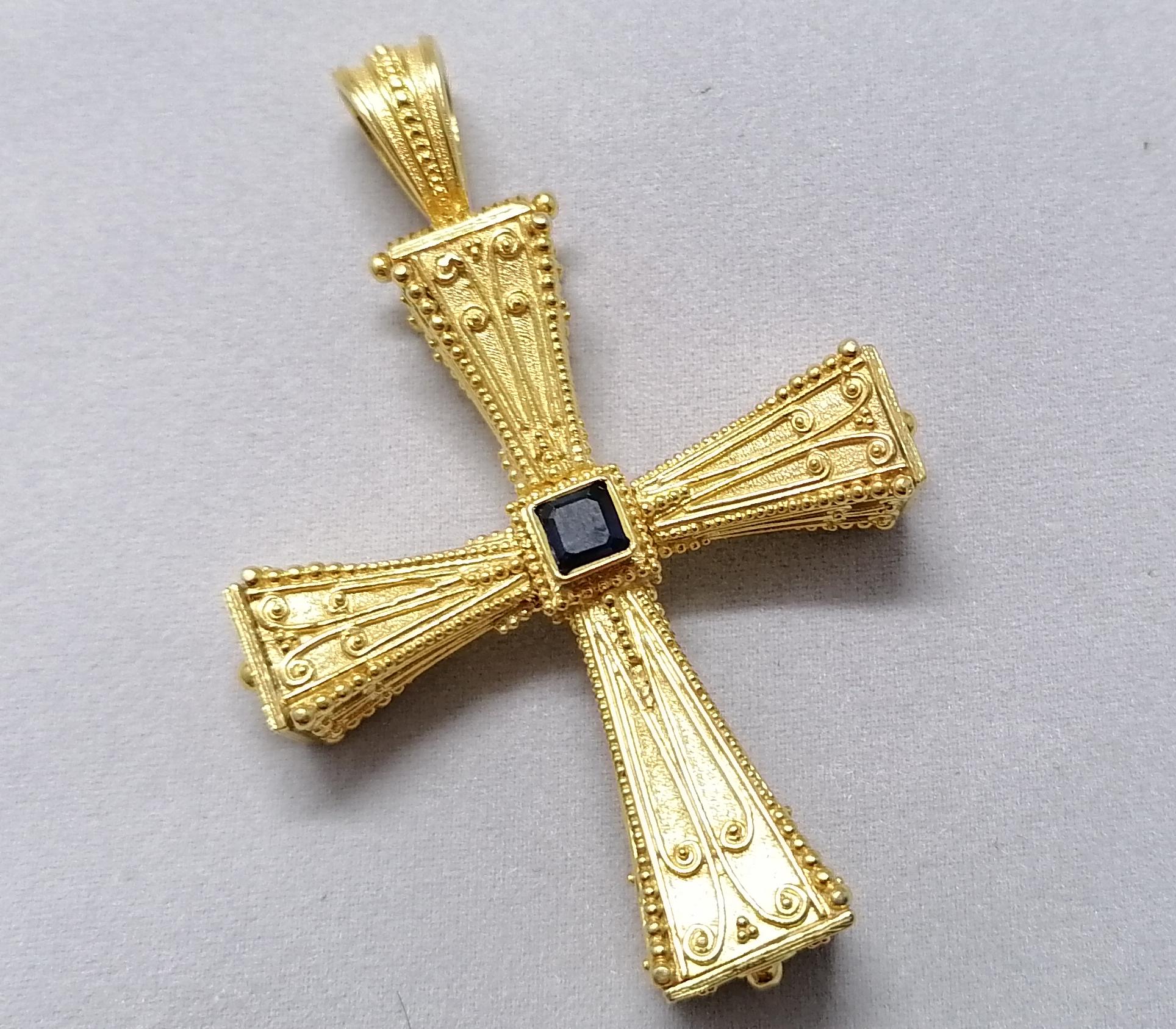 Georgios Collections 18 Karat Yellow Gold Emerald Sapphire Reversible 3-D Cross For Sale 3
