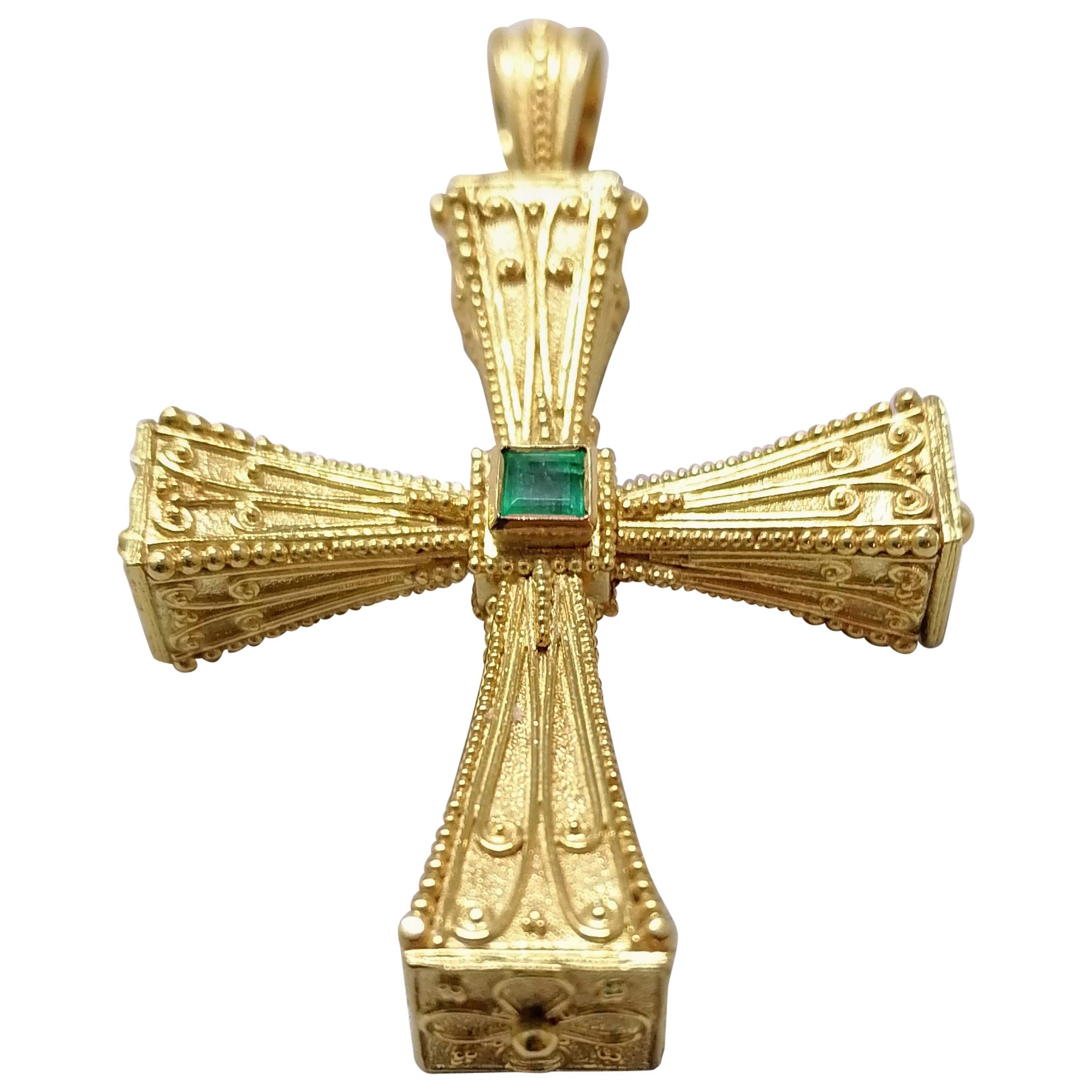 Georgios Collections 18 Karat Yellow Gold Emerald Sapphire Reversible 3-D Cross For Sale