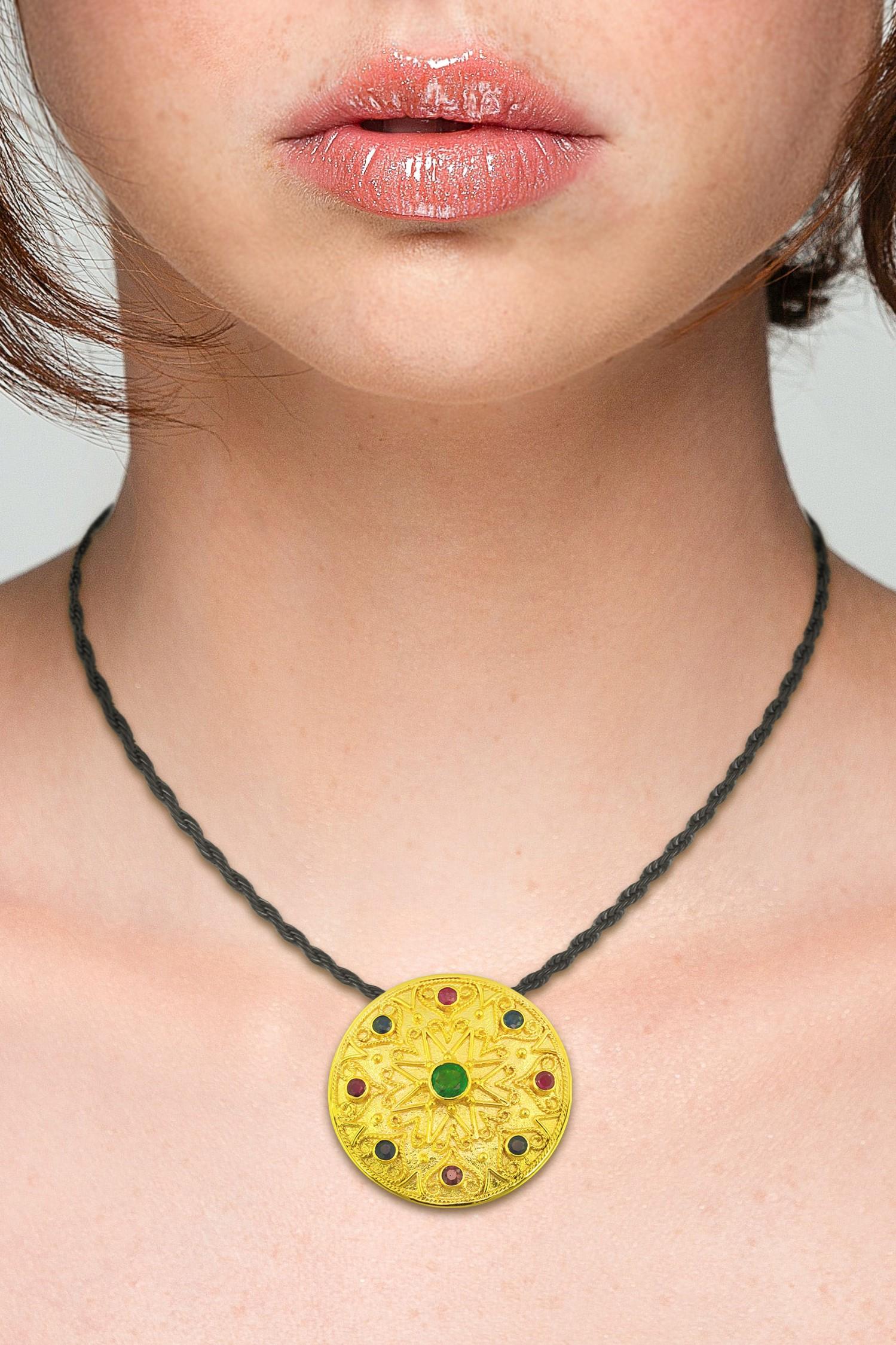 Byzantine Georgios Collections 18 Karat Yellow Gold Emerald Sapphire Ruby Pendant Enhancer For Sale