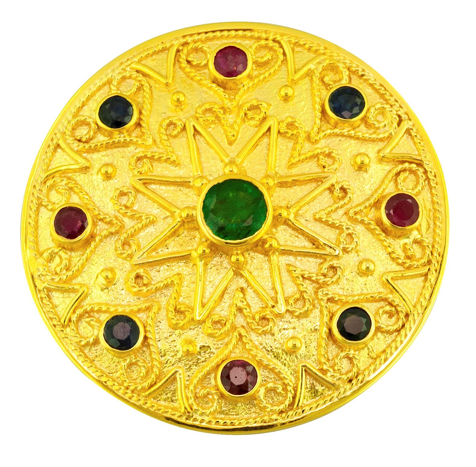 Georgios Collections 18 Karat Yellow Gold Emerald Sapphire Ruby Pendant Enhancer For Sale 1
