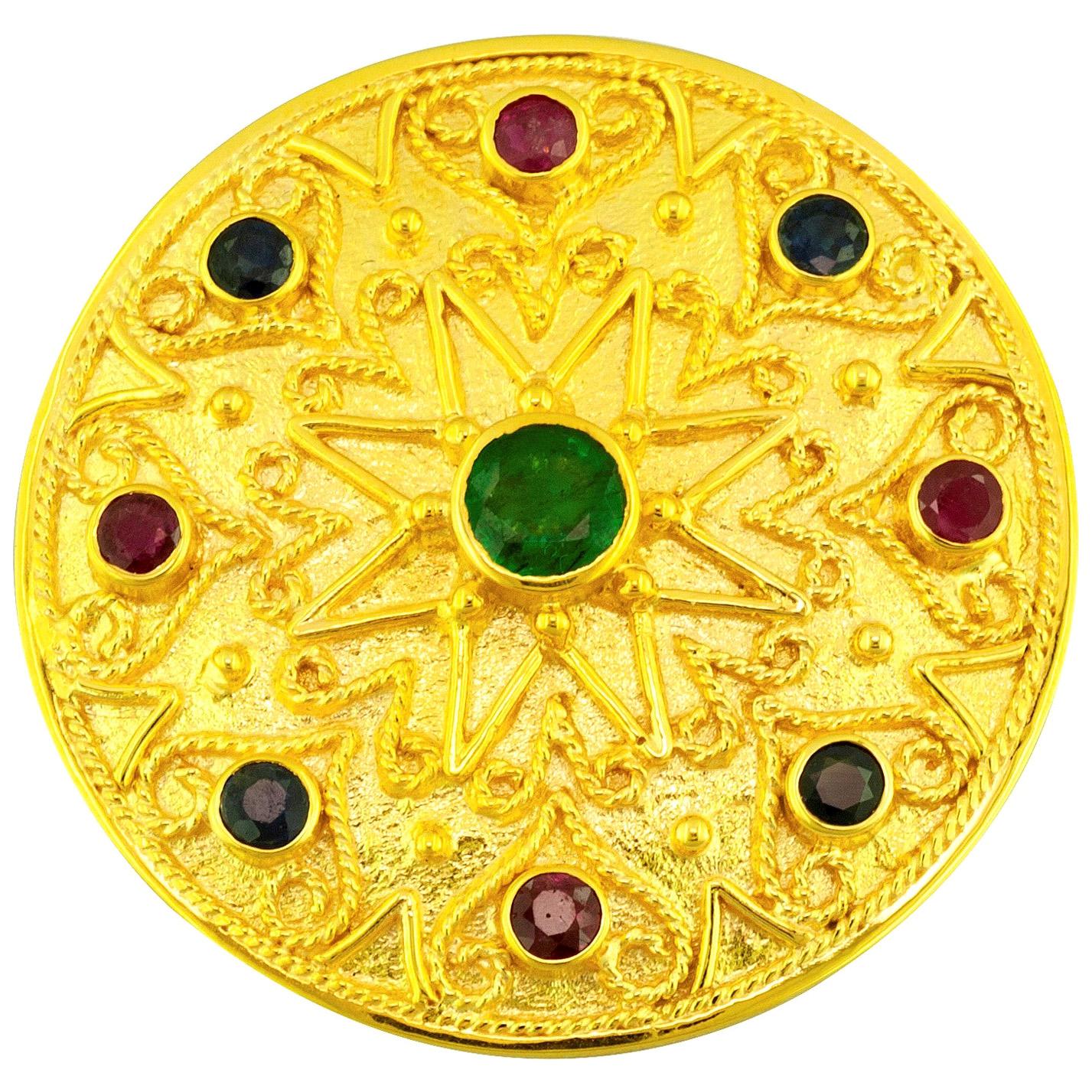 Collier pendentif Georgios Collections en or jaune 18 carats, émeraude, saphir et rubis