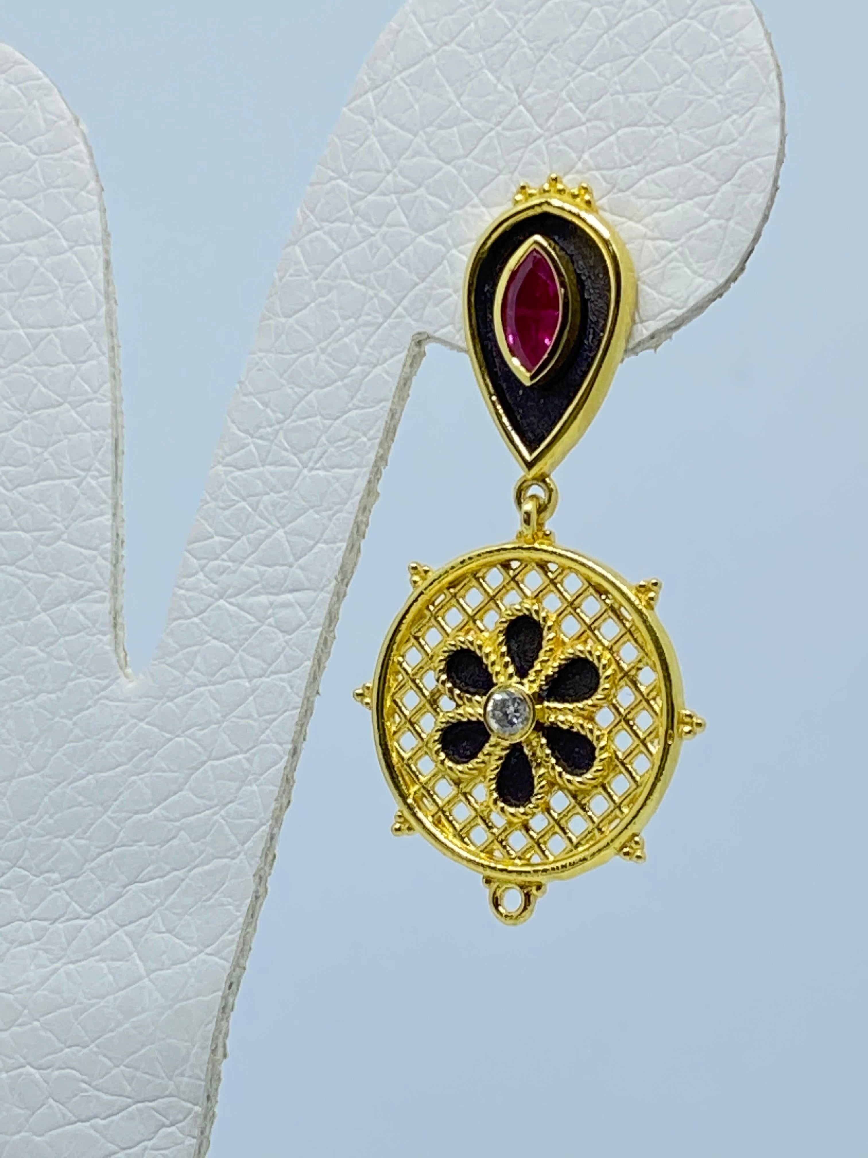Georgios Collections Boucles d'oreilles en goutte en or jaune 18 carats, émail, diamants et rubis en vente 9