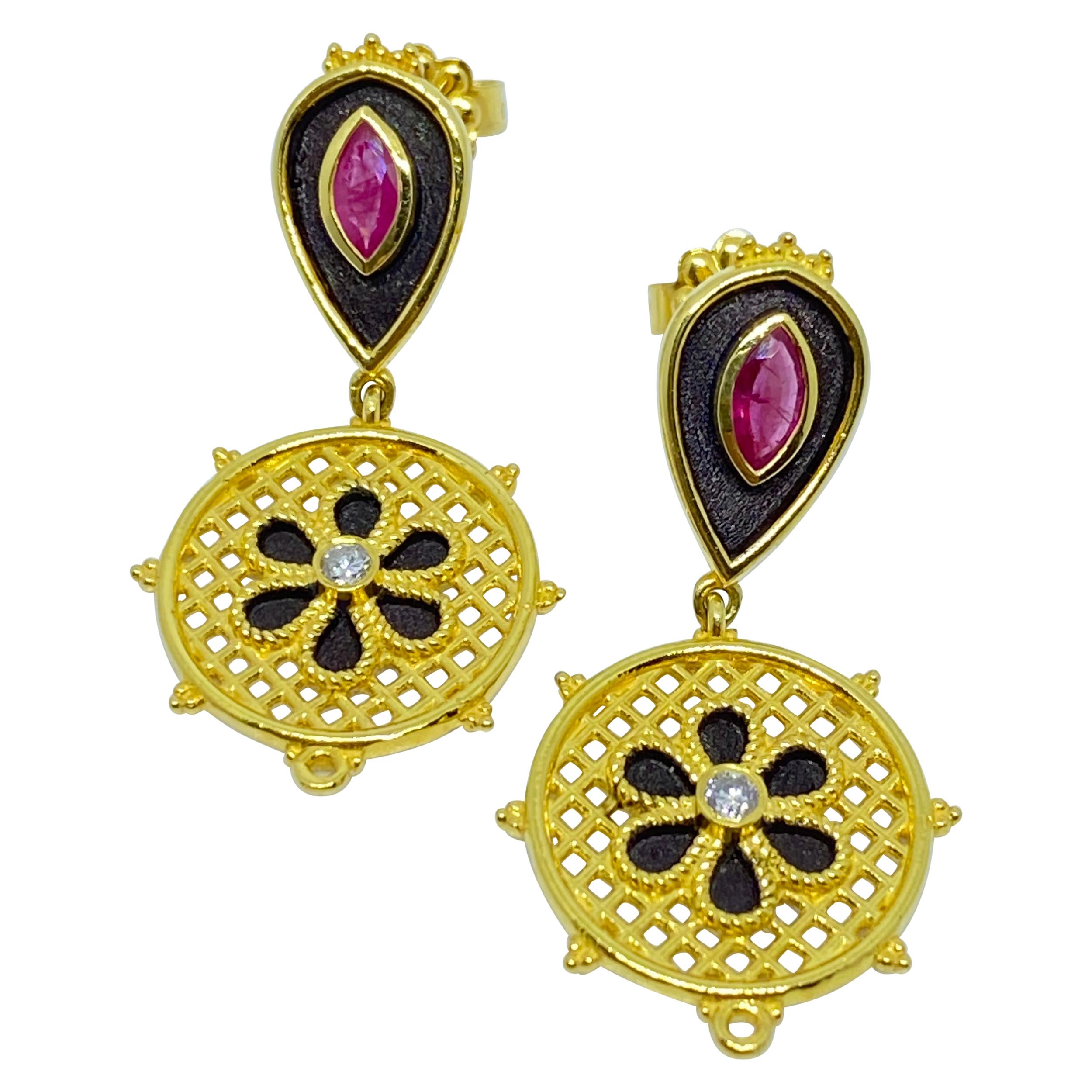Georgios Collections 18 Karat Yellow Gold Enamel Diamond and Ruby Drop Earrings