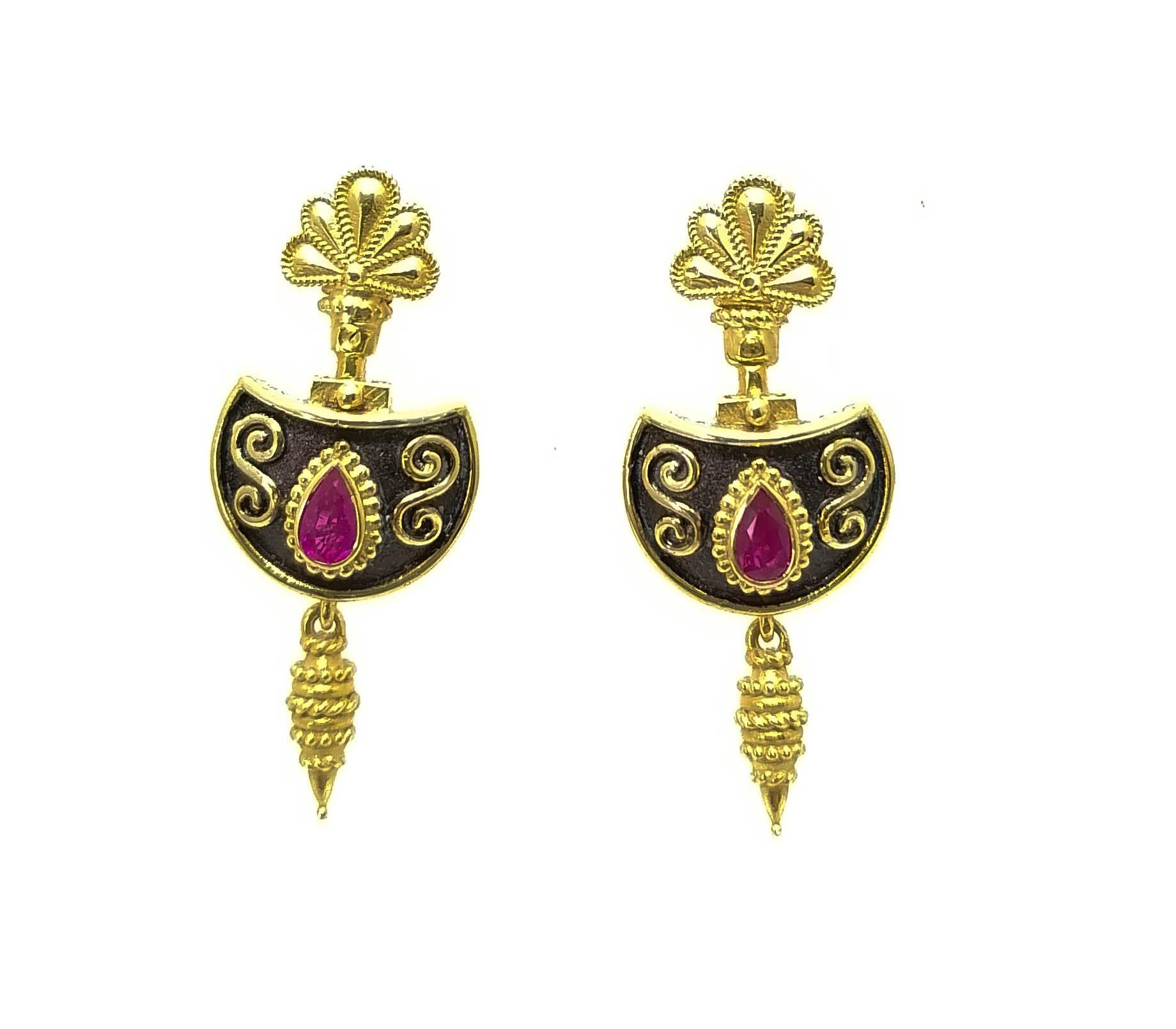 Georgios Collections 18 Karat Yellow Gold Etruscan Style Ruby Drop Earrings For Sale 7