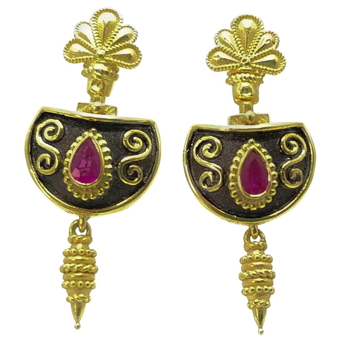 Georgios Collections 18 Karat Yellow Gold Etruscan Style Ruby Drop Earrings