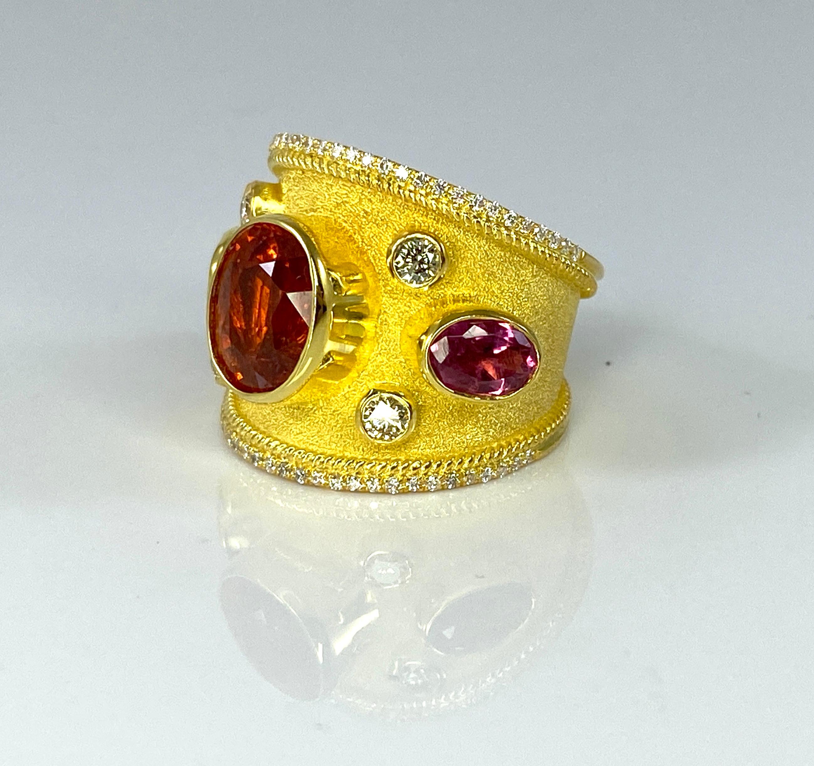 Georgios Collections 18 Karat Yellow Gold Fire Opal Pink Tourmaline Diamond Ring For Sale 3