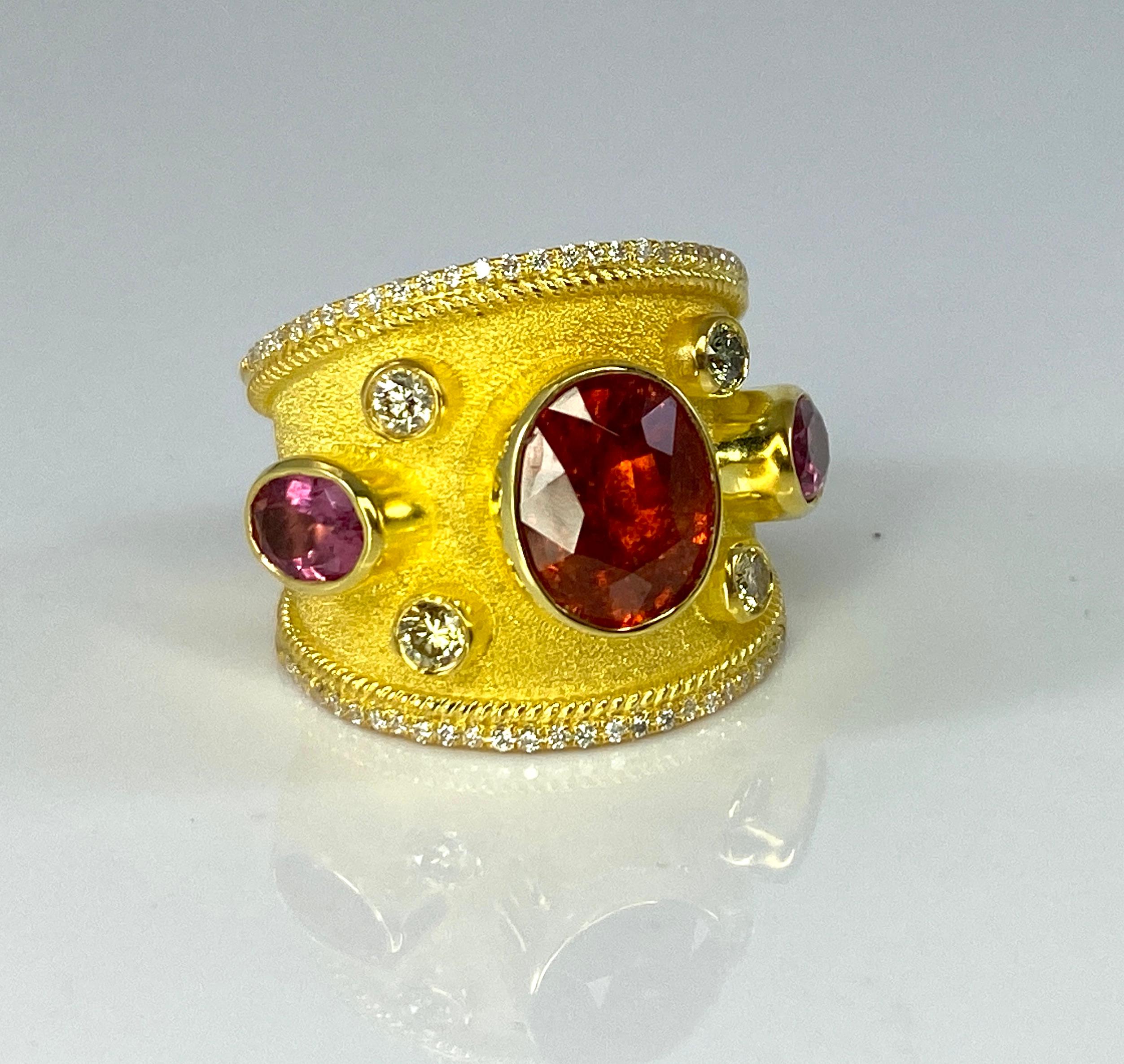 Byzantine Georgios Collections 18 Karat Yellow Gold Fire Opal Pink Tourmaline Diamond Ring For Sale