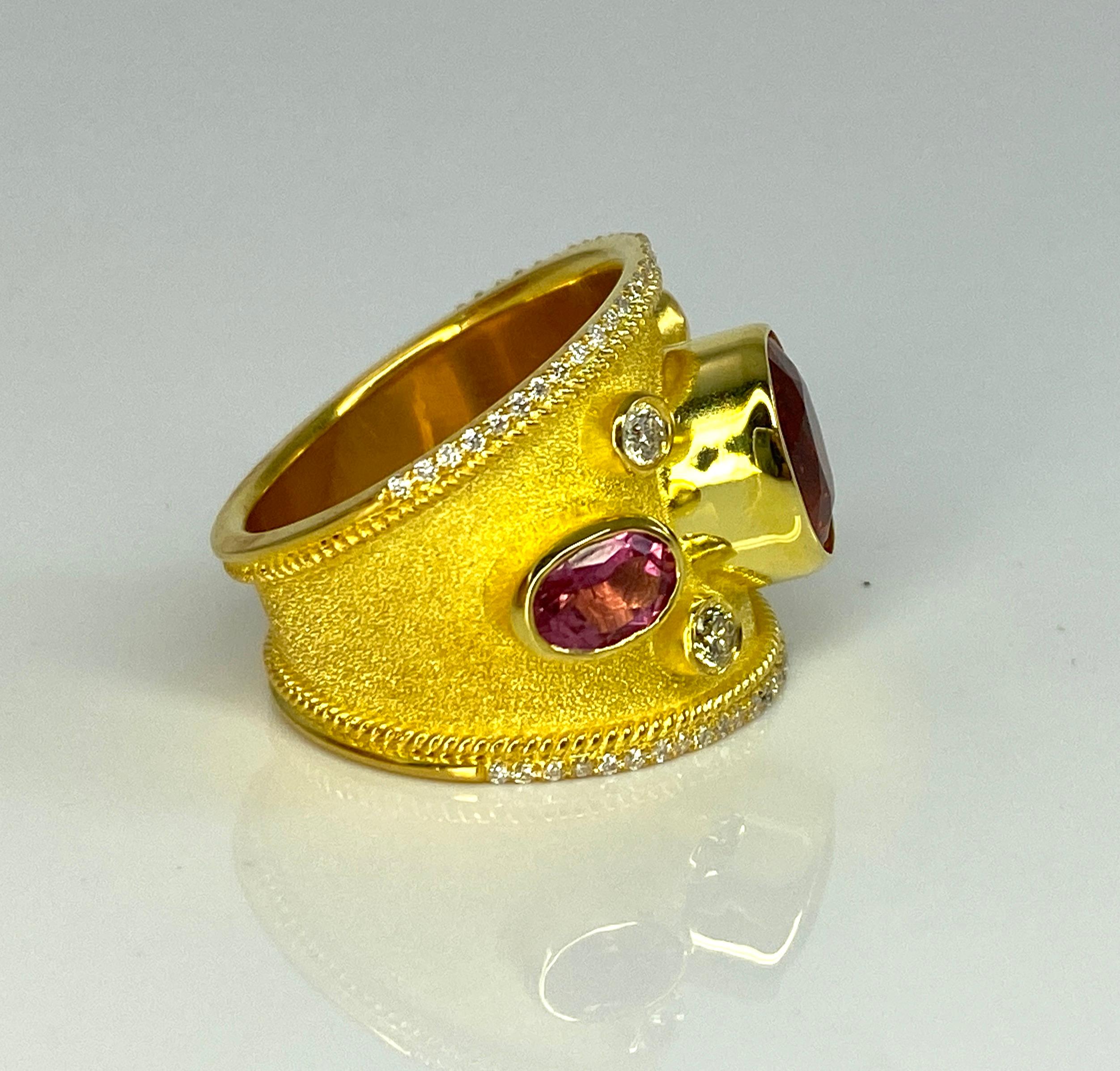 Georgios Collections 18 Karat Yellow Gold Fire Opal Pink Tourmaline Diamond Ring In New Condition For Sale In Astoria, NY