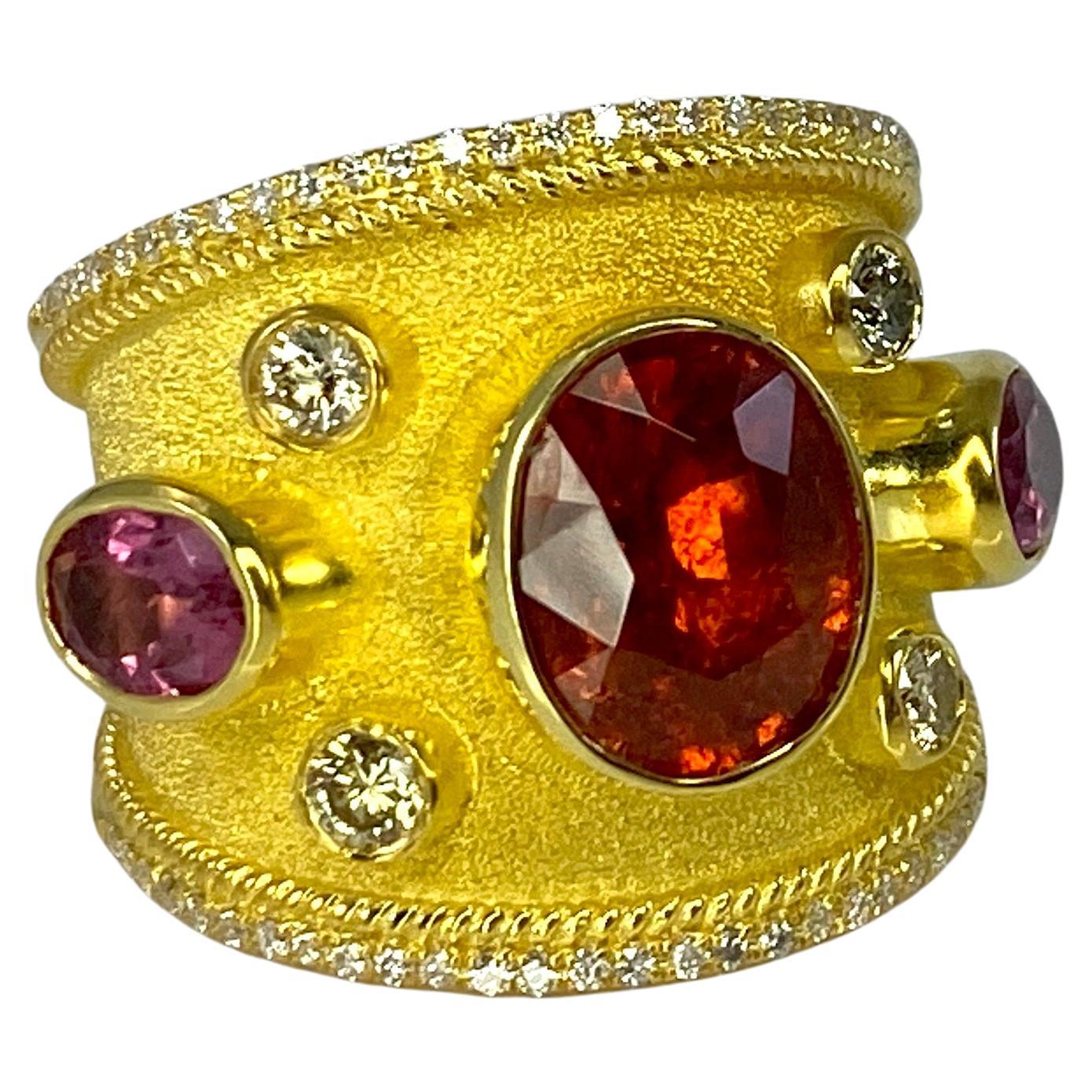Georgios Collections 18 Karat Yellow Gold Fire Opal Pink Tourmaline Diamond Ring For Sale