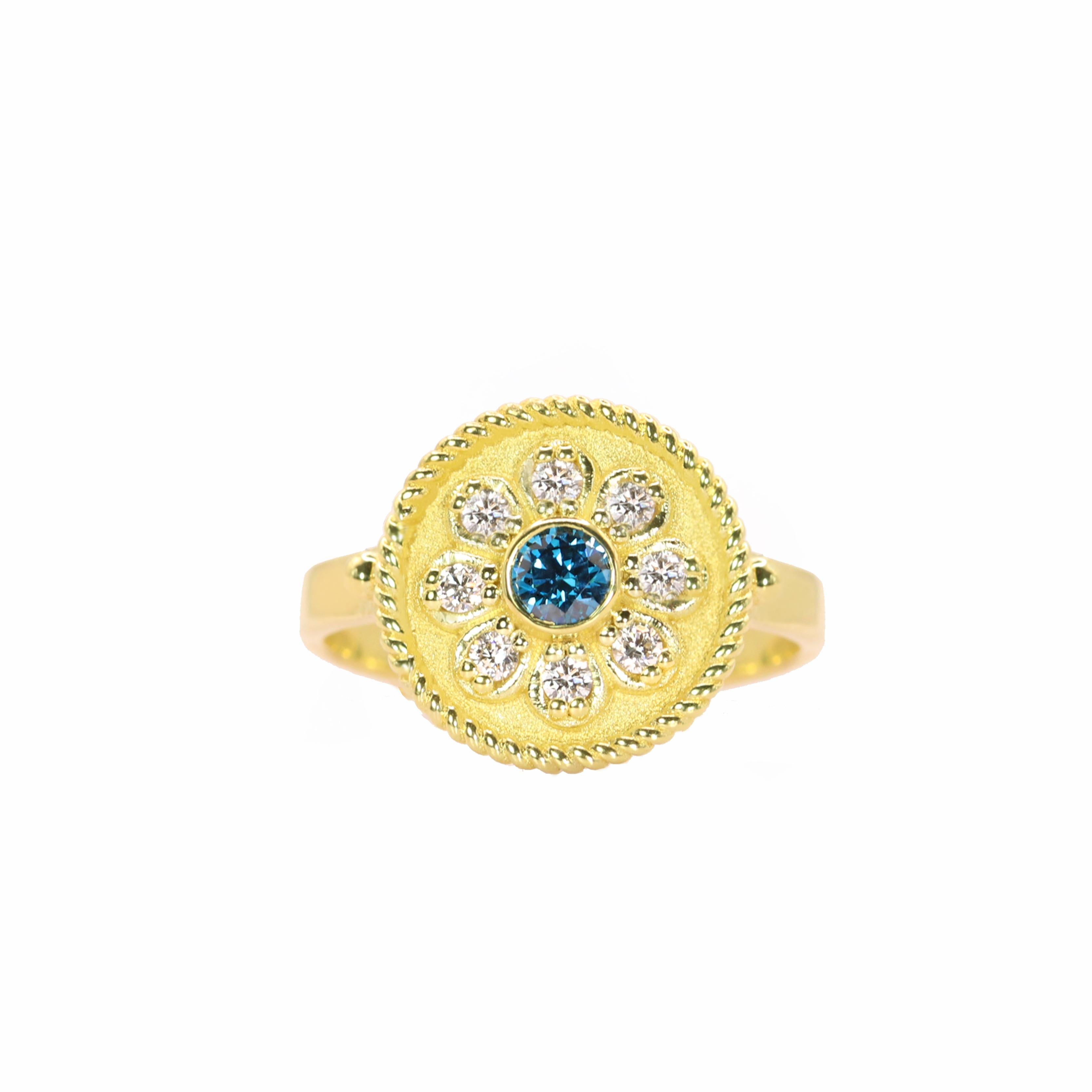 S. Georgios designer presents an exquisite 18K Yellow Gold Flower Diamond Ring, meticulously handcrafted in Athens, Greece. This elegant piece showcases a rich velvet gold finish and intricate Byzantine granulation work, offering a refined yet bold
