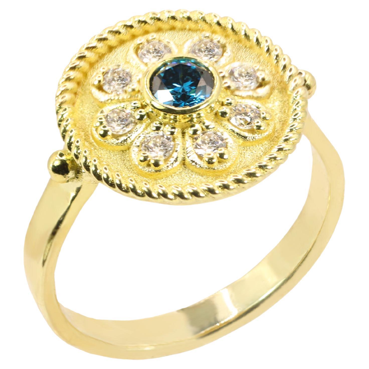 Georgios Collections 18 Karat Yellow Gold Flower Blue and White Diamond Ring