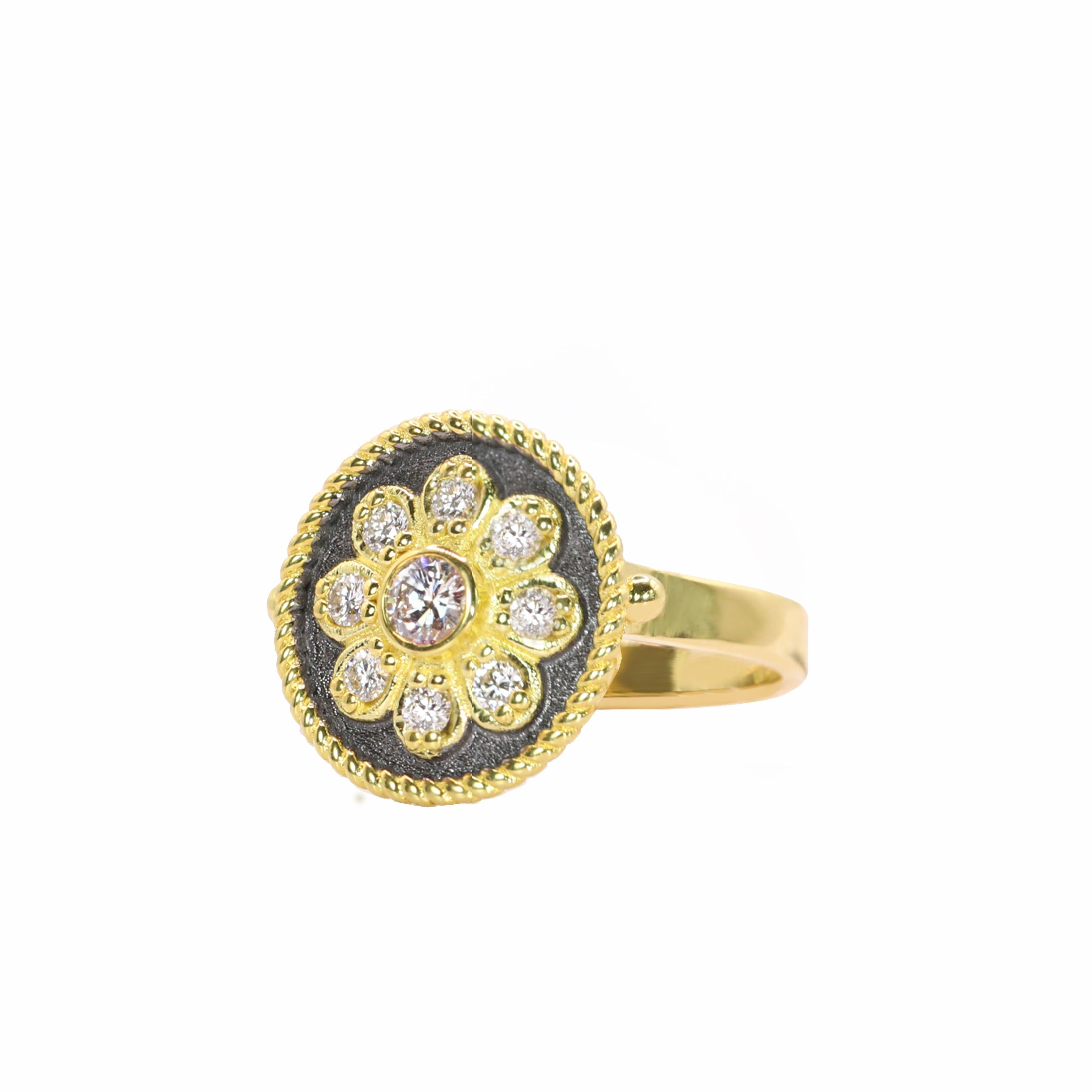 Georgios Collections 18 Karat Yellow Gold Flower Diamond Ring with Black Rhodium In condizioni Nuovo in vendita a Astoria, NY