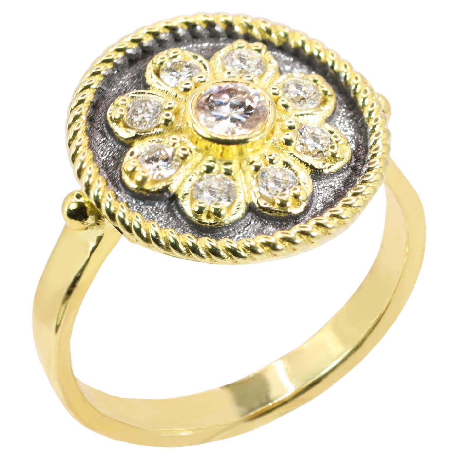 Georgios Collections 18 Karat Yellow Gold Flower Diamond Ring with Black Rhodium