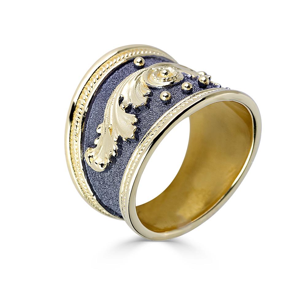 S.Georgios designer ring is all handmade from solid 18 Karat Yellow Gold and custom-made. The gorgeous ring is microscopically decorated with gold decorations and Granulated details contrast with a unique Byzantine velvet background and finished