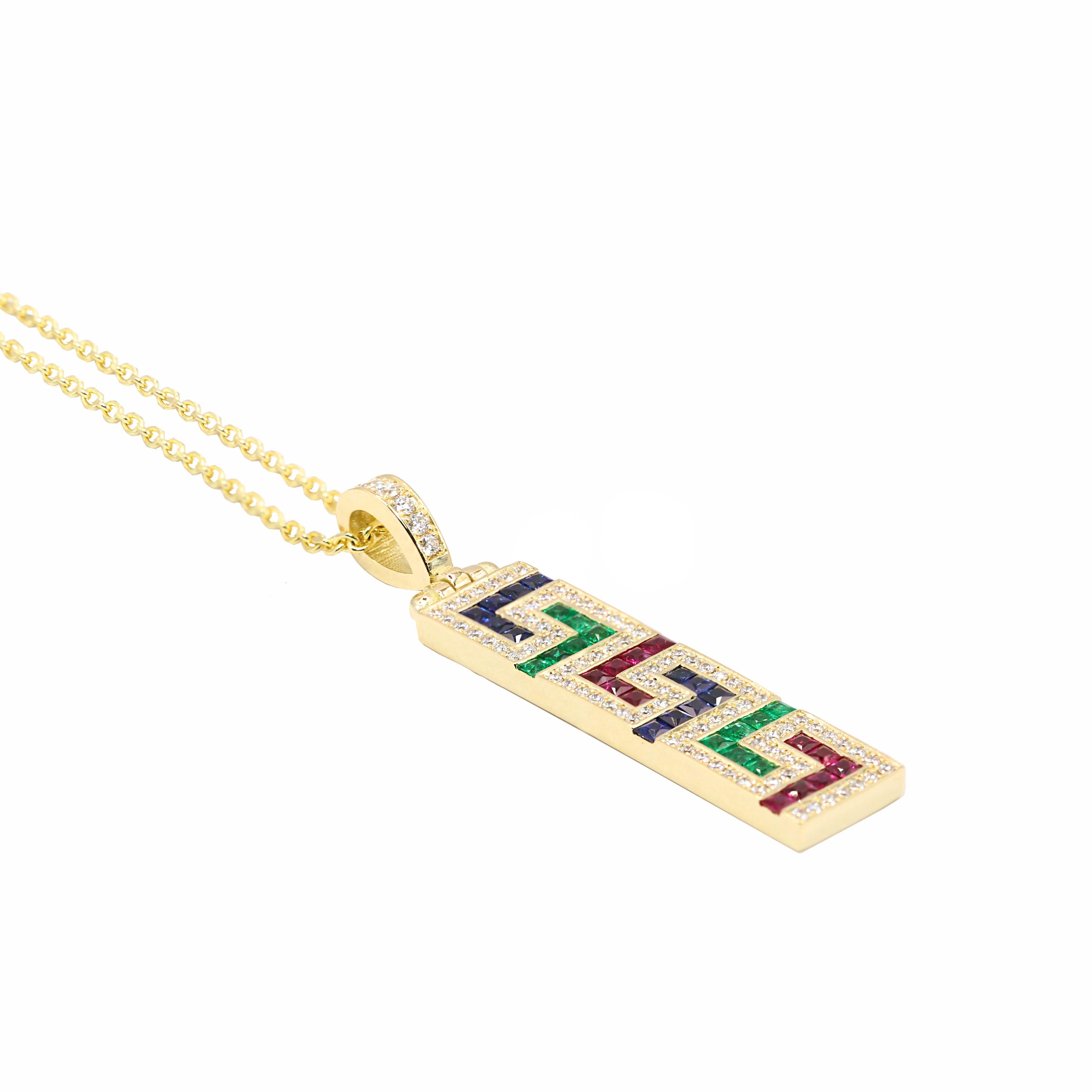 S.Georgios designer pendant enhancer and chain is handmade from solid 18 Karat Yellow Gold and carved forming a Greek Key design, which is the symbol of eternity. This stunning pendant features brilliant-cut White Diamonds with a total weight of