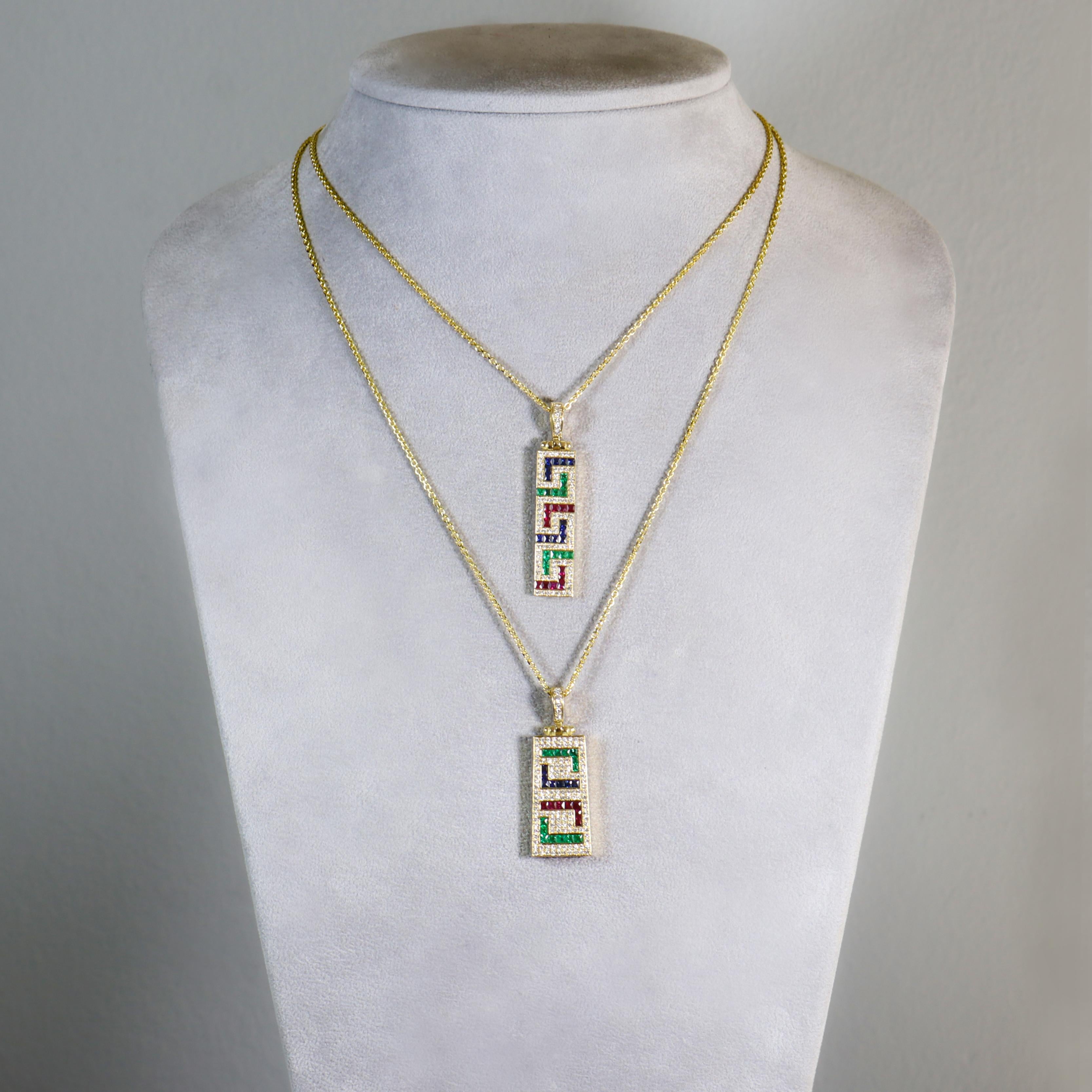 Women's or Men's Georgios Collections 18 Karat Yellow Gold Greek Key Diamond Pendant Necklace For Sale