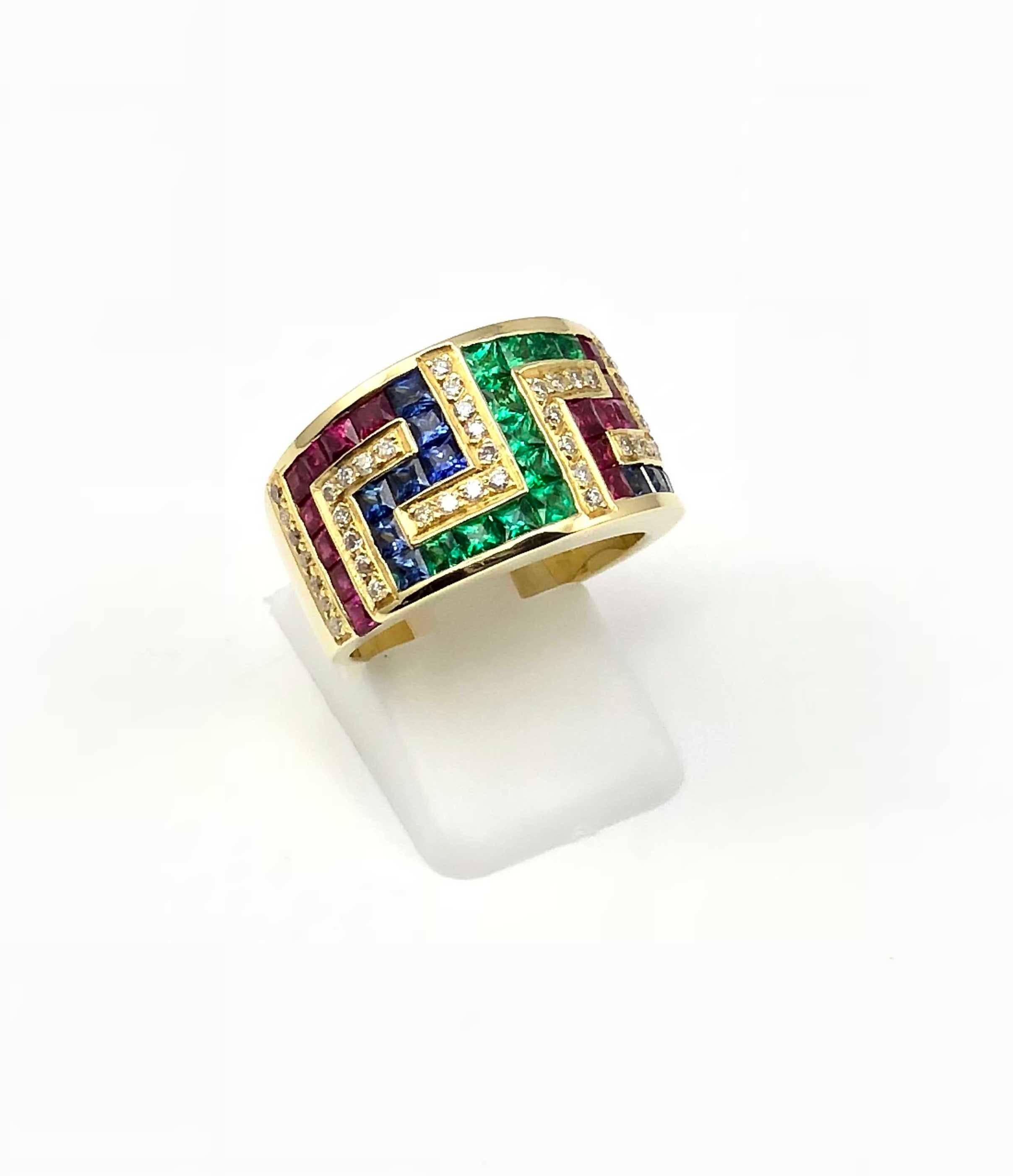 Princess Cut Georgios Collections 18 Karat Yellow Gold Greek Key Ruby Sapphire Emerald Ring