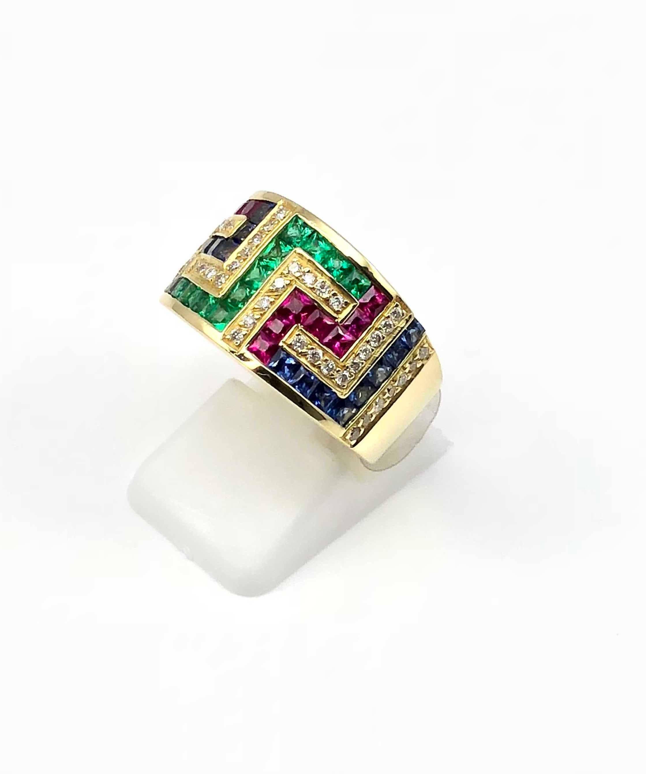 Classical Greek Georgios Collections 18 Karat Yellow Gold Greek Key Ruby Sapphire Emerald Ring