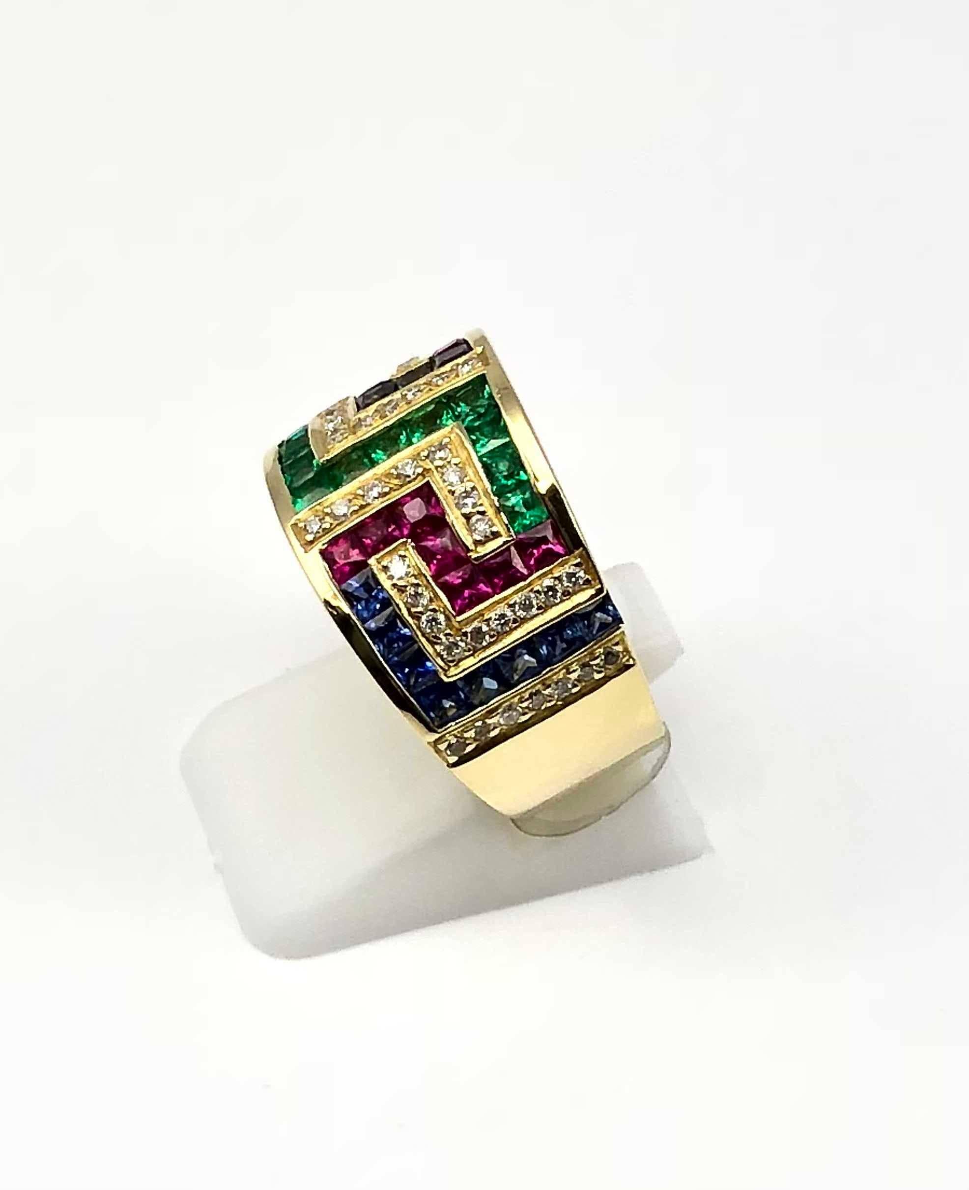 Georgios Collections 18 Karat Yellow Gold Greek Key Ruby Sapphire Emerald Ring In New Condition In Astoria, NY