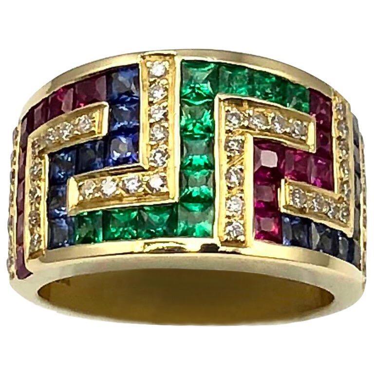 Georgios Collections 18 Karat Yellow Gold Greek Key Ruby Sapphire Emerald Ring 1