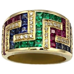 Georgios Collections 18 Karat Yellow Gold Greek Key Ruby Sapphire Emerald Ring