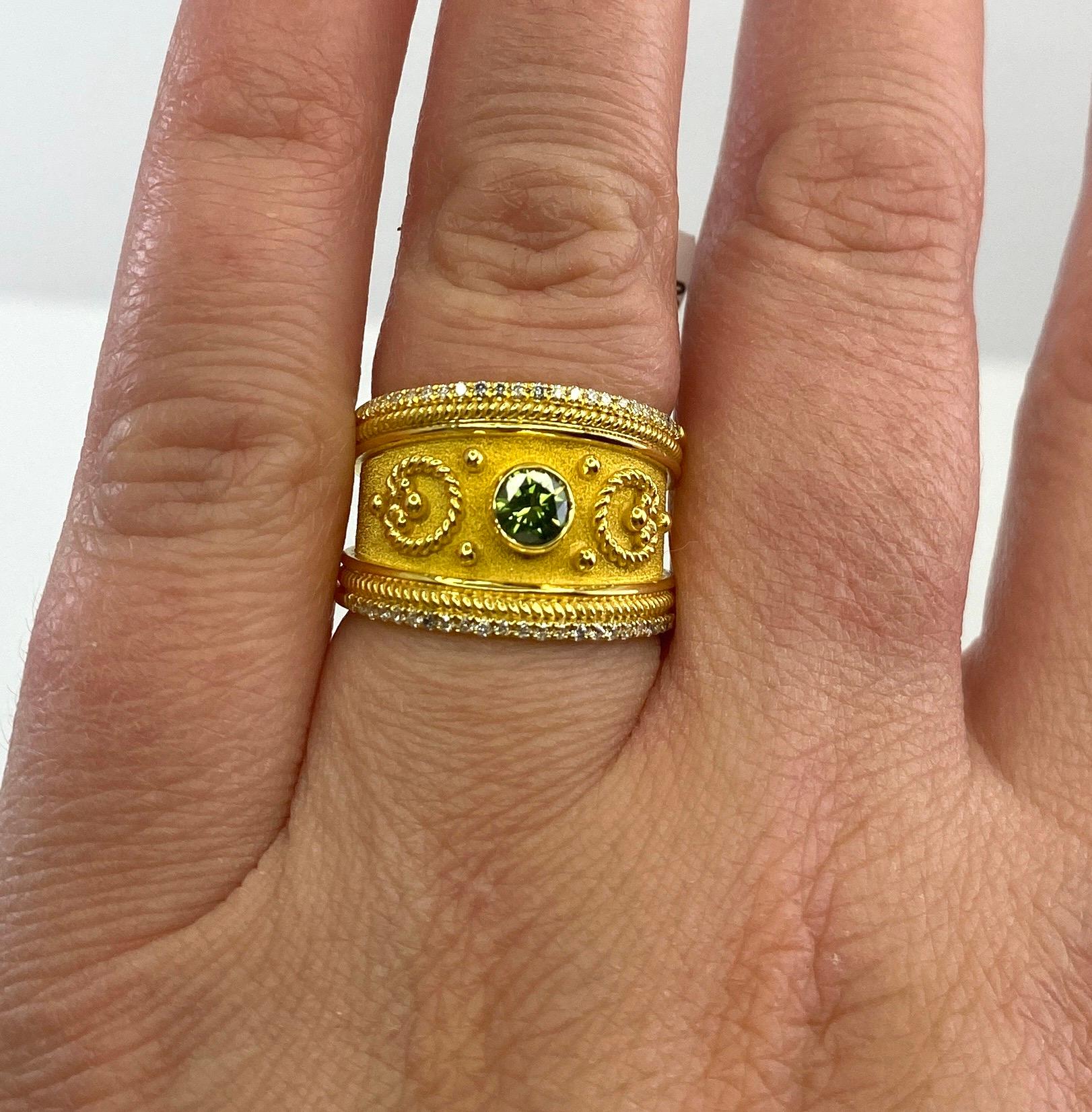 Georgios Collections 18 Karat Yellow Gold Green and White Diamond Ring  For Sale 3
