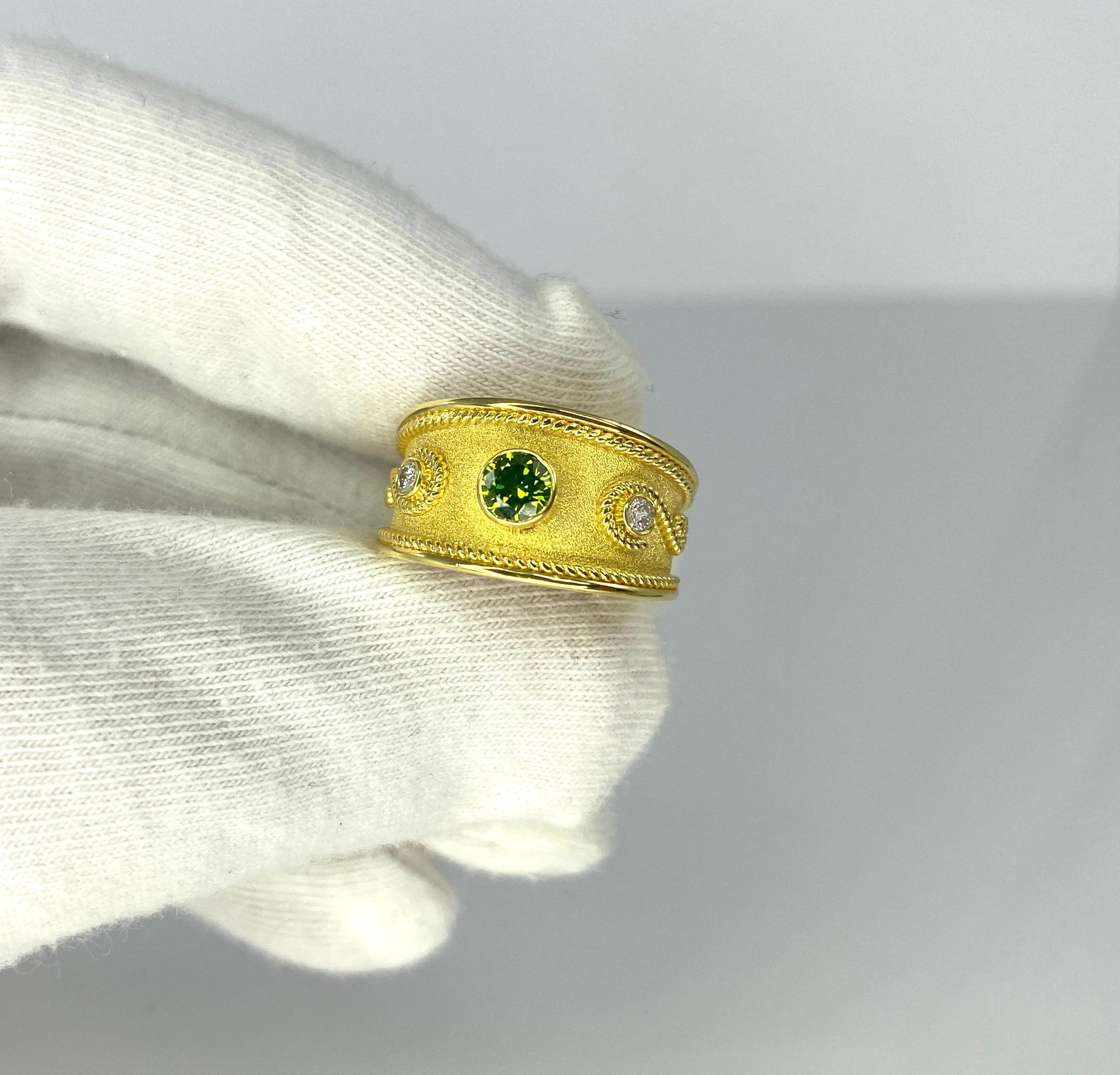 Georgios Collections 18 Karat Yellow Gold Green and White Diamond Ring  For Sale 2