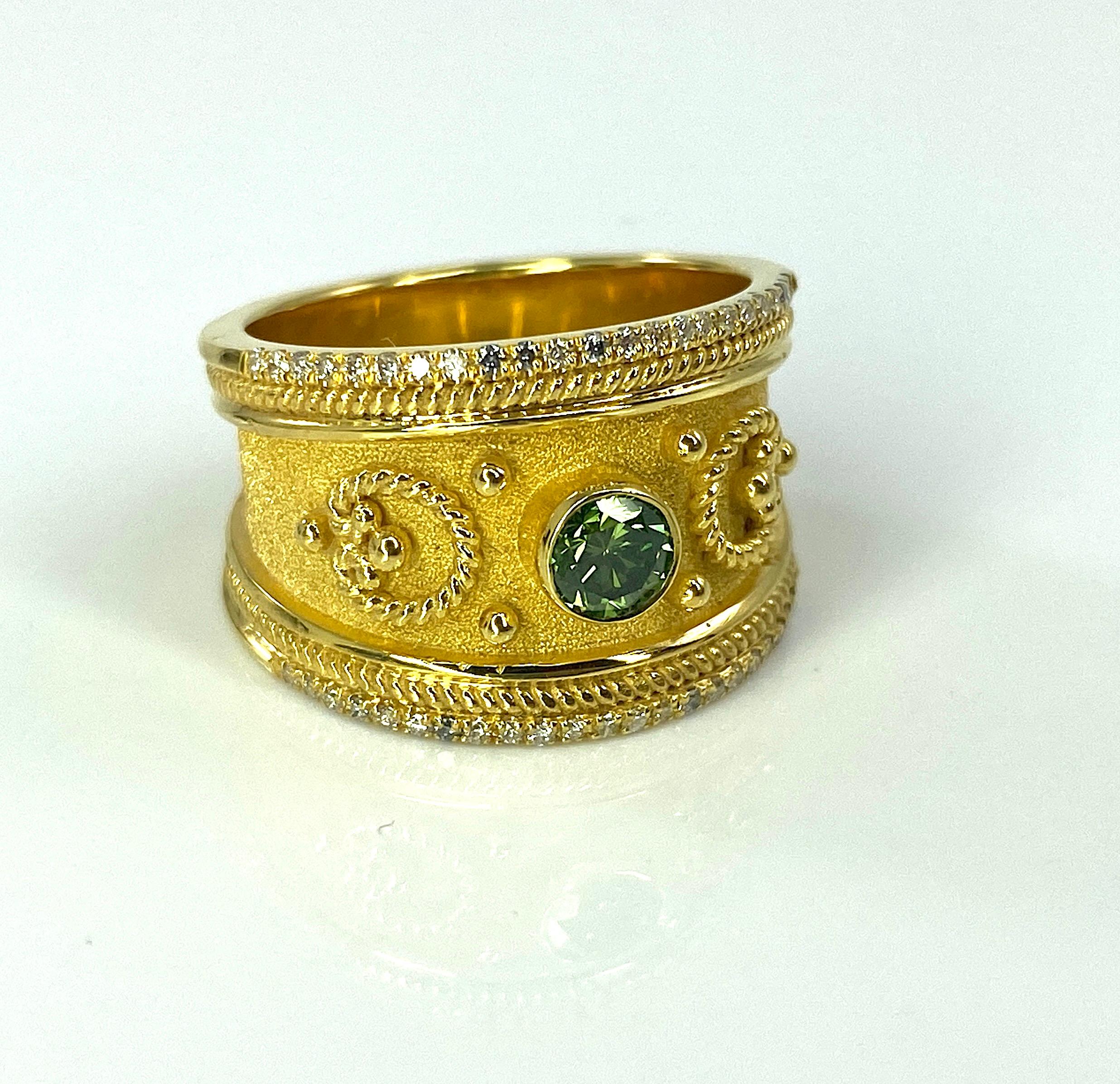 Georgios Collections 18 Karat Yellow Gold Green and White Diamond Ring  For Sale 1