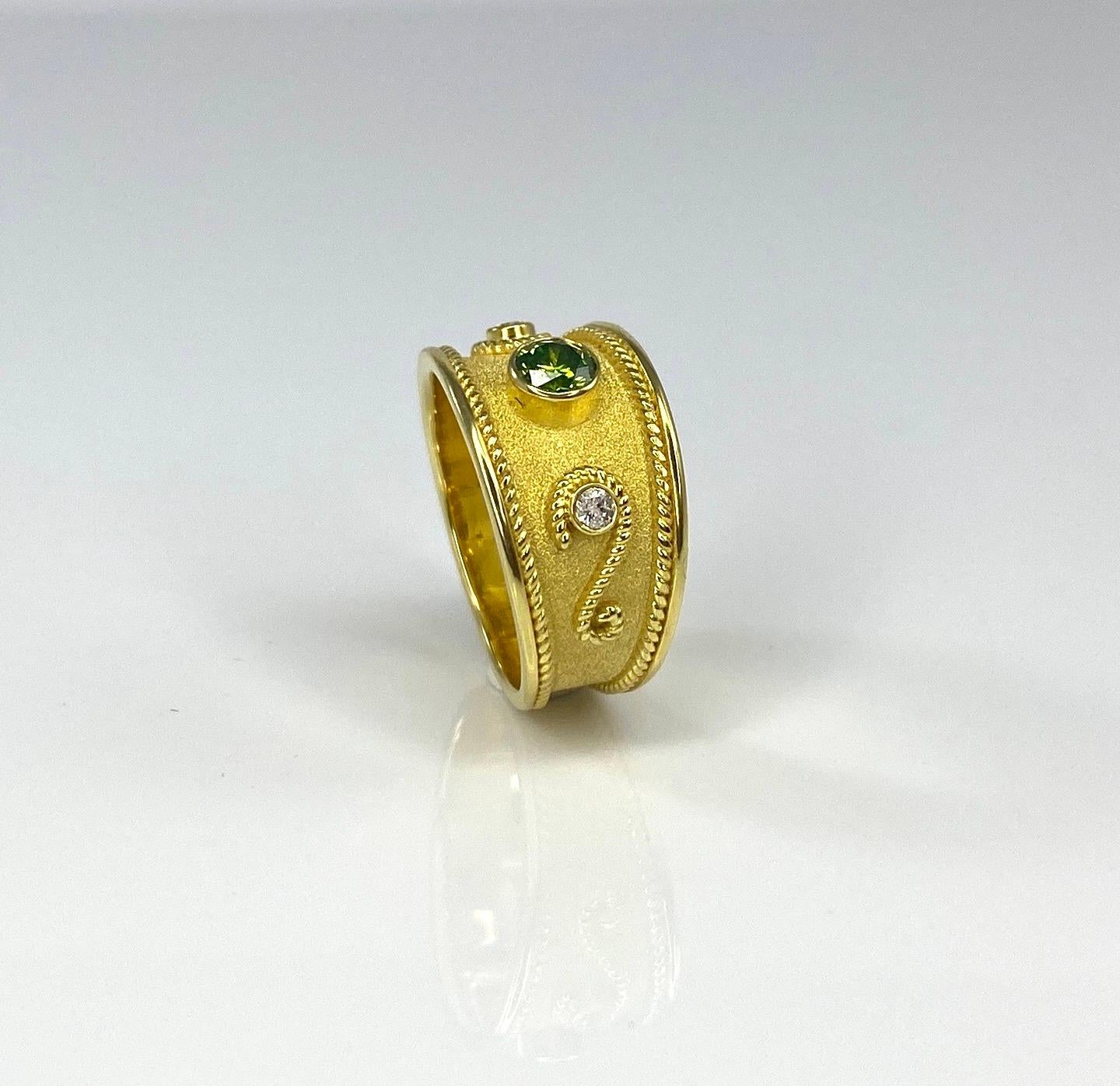 Women's or Men's Georgios Collections 18 Karat Yellow Gold Green and White Diamond Ring  For Sale