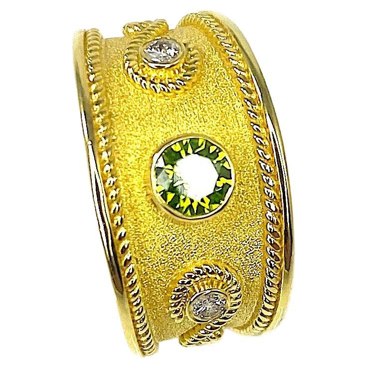 Georgios Collections 18 Karat Yellow Gold Green and White Diamond Ring  For Sale